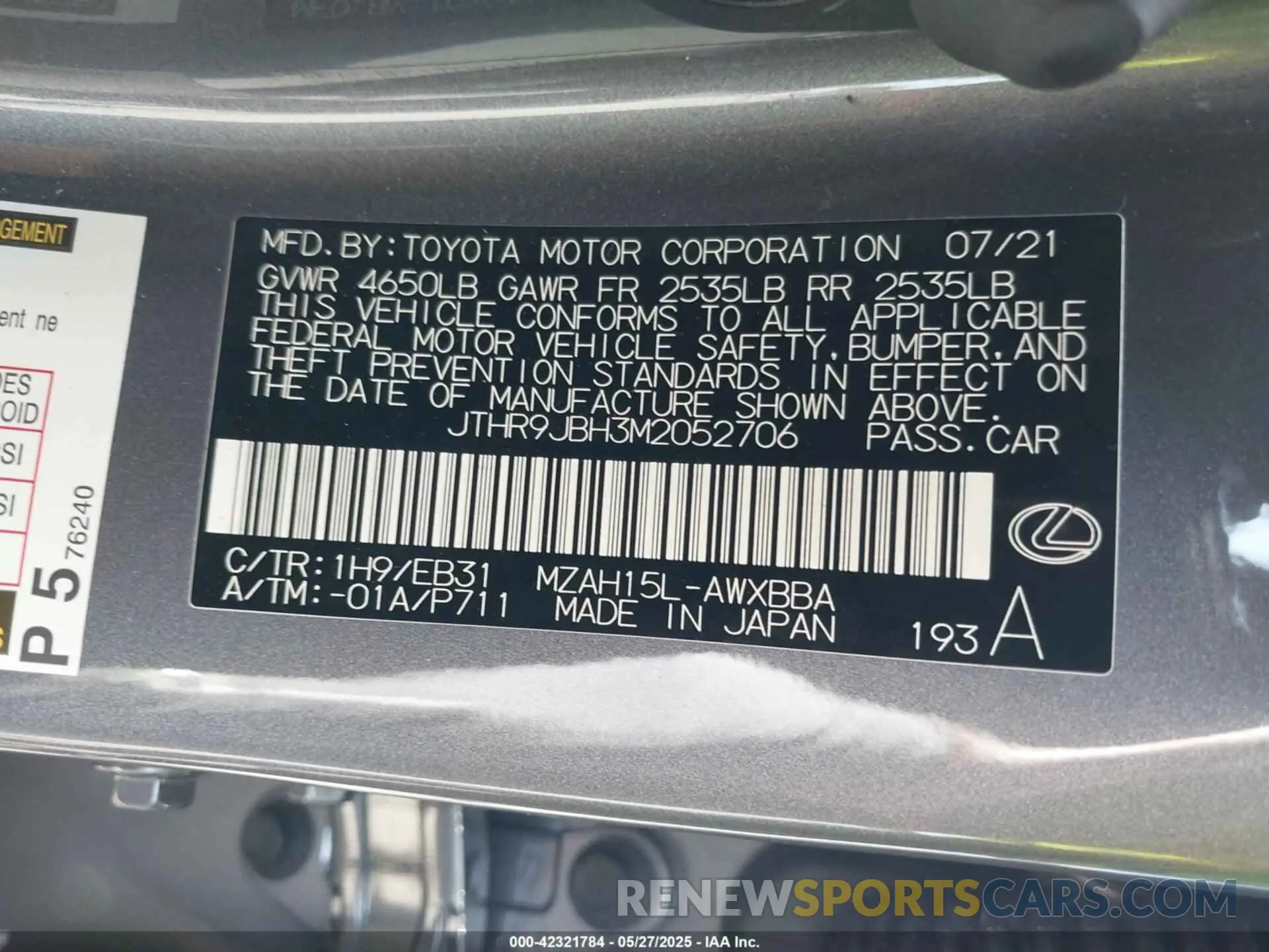 9 fotografías del automóvil dañado JTHR9JBH3M2052706 LEXUS UX 250H 2021