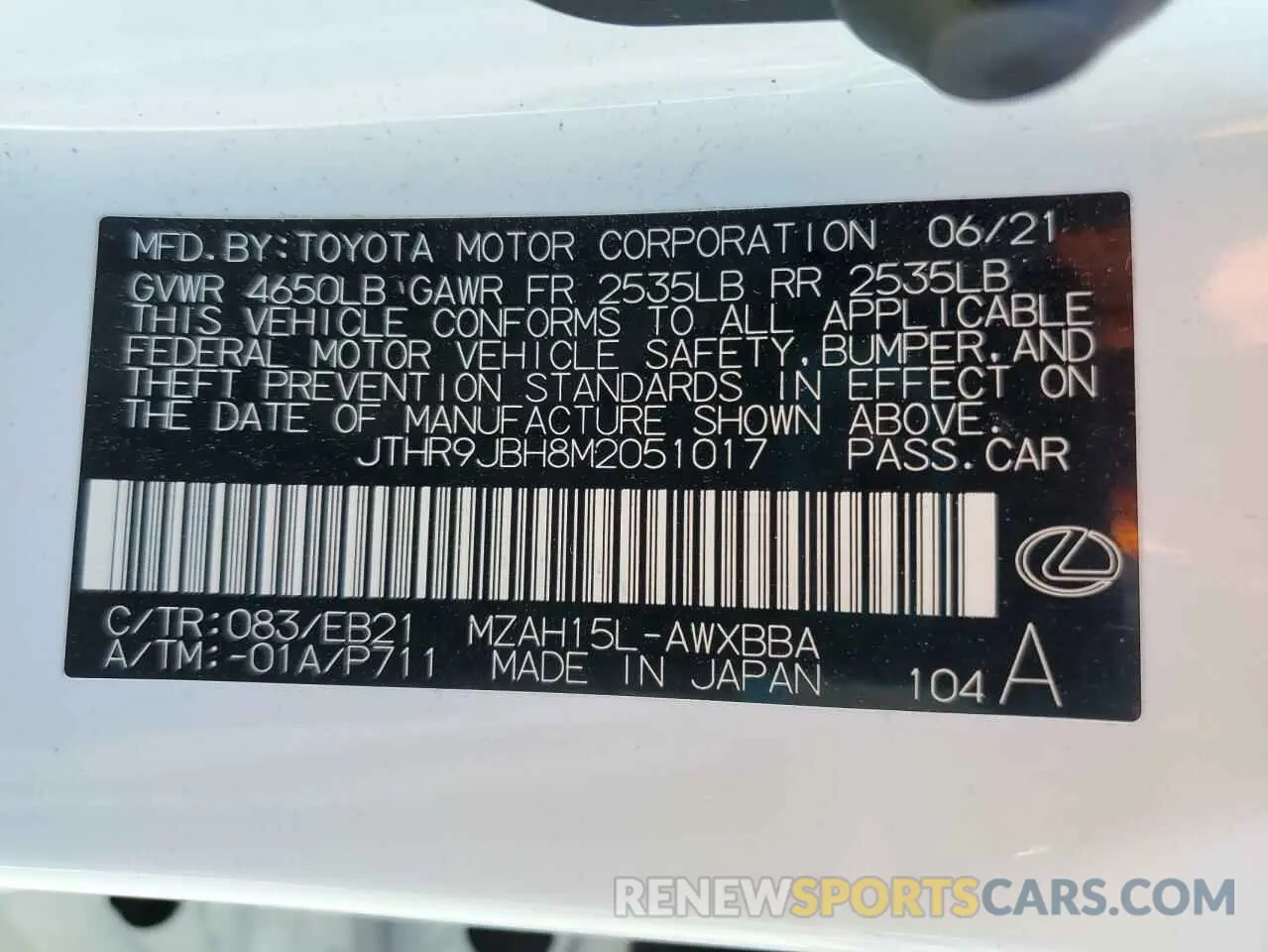 12 fotografías del automóvil dañado JTHR9JBH8M2051017 LEXUS UX 250H 2021