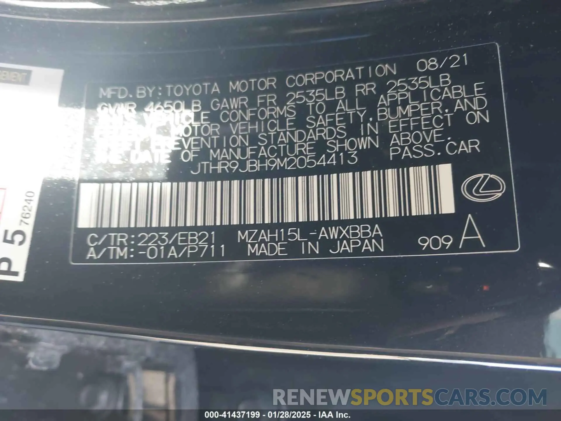 9 fotografías del automóvil dañado JTHR9JBH9M2054413 LEXUS UX 250H 2021