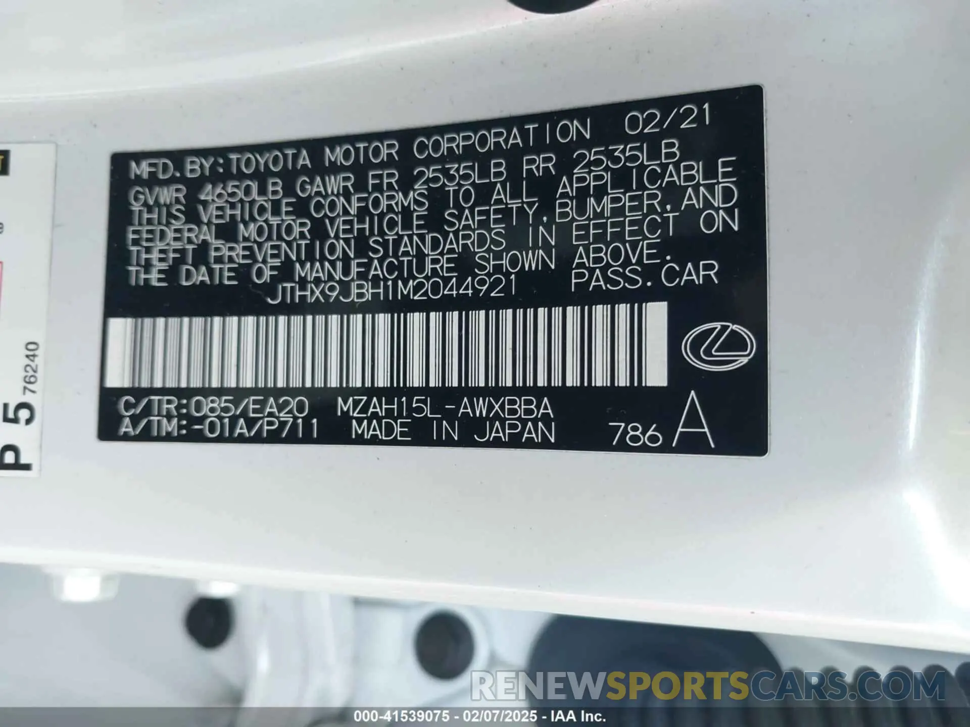 9 fotografías del automóvil dañado JTHX9JBH1M2044921 LEXUS UX 250H 2021