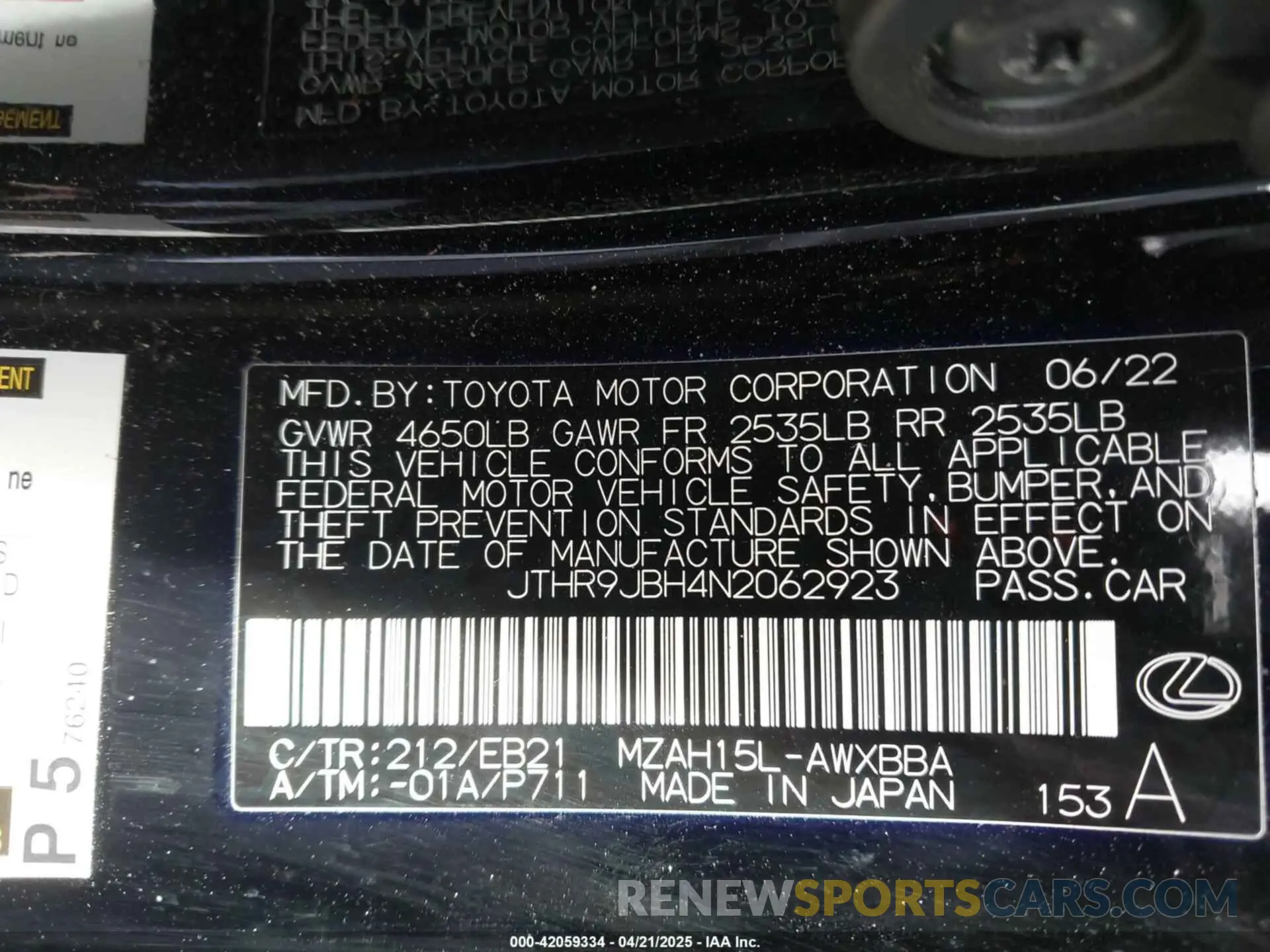 9 fotografías del automóvil dañado JTHR9JBH4N2062923 LEXUS UX 250H 2022