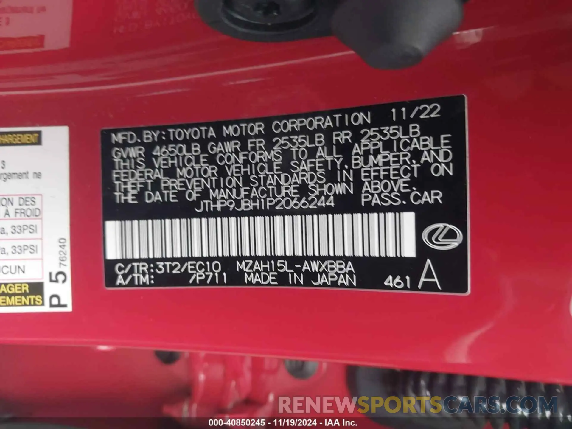 9 fotografías del automóvil dañado JTHP9JBH1P2066244 LEXUS UX 250H 2023