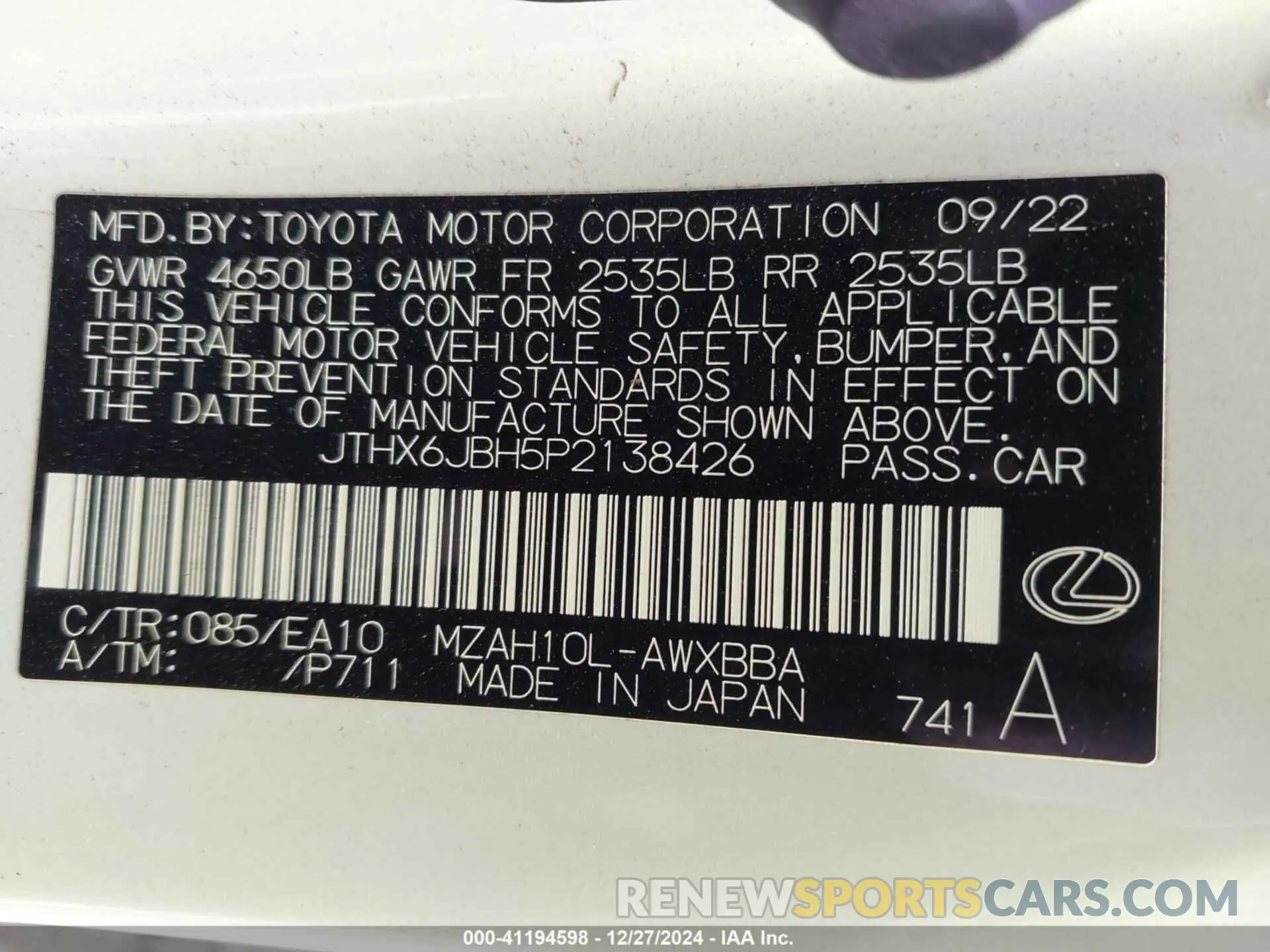 9 fotografías del automóvil dañado JTHX6JBH5P2138426 LEXUS UX 250H 2023