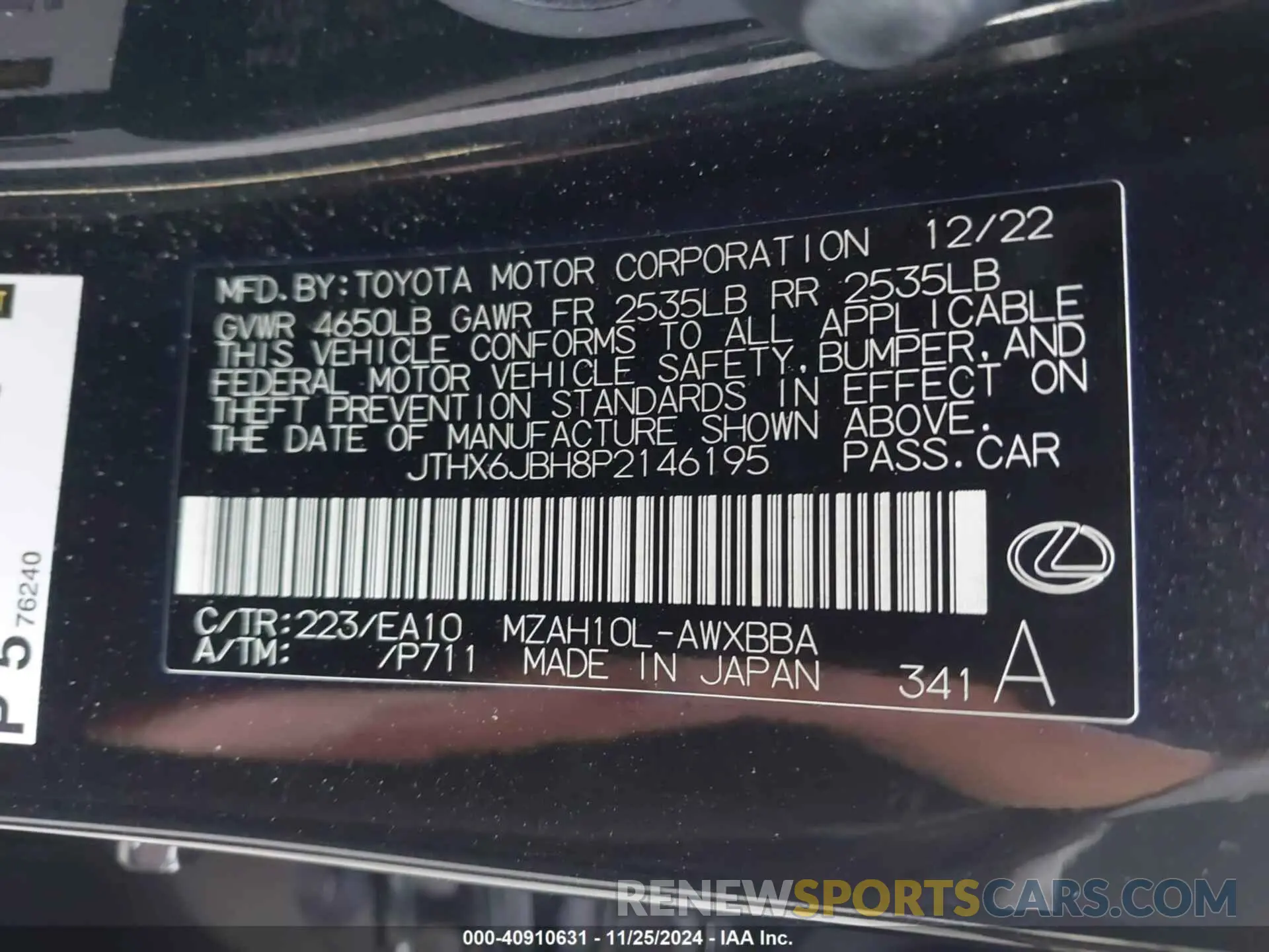 9 fotografías del automóvil dañado JTHX6JBH8P2146195 LEXUS UX 250H 2023