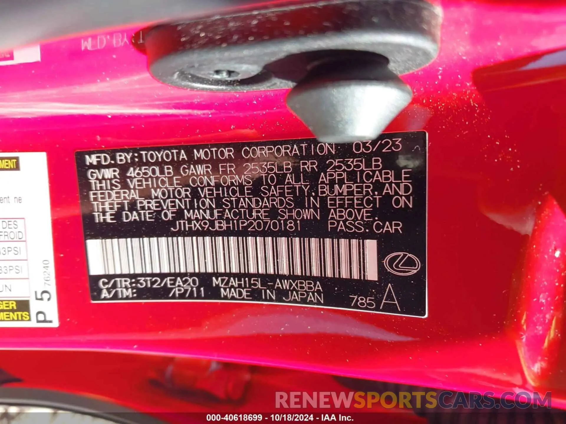 9 fotografías del automóvil dañado JTHX9JBH1P2070181 LEXUS UX 250H 2023