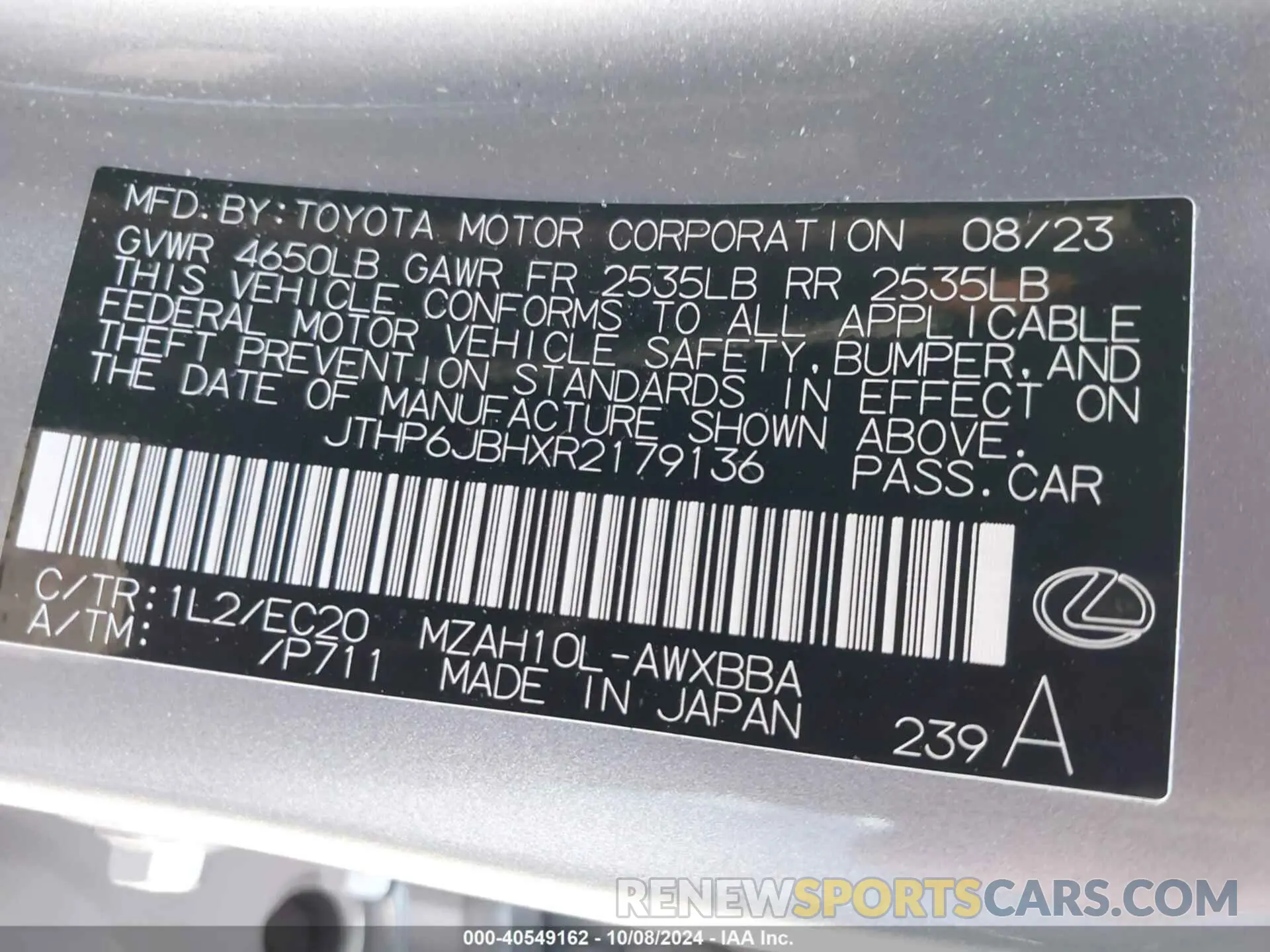 9 fotografías del automóvil dañado JTHP6JBHXR2179136 LEXUS UX 250H 2024