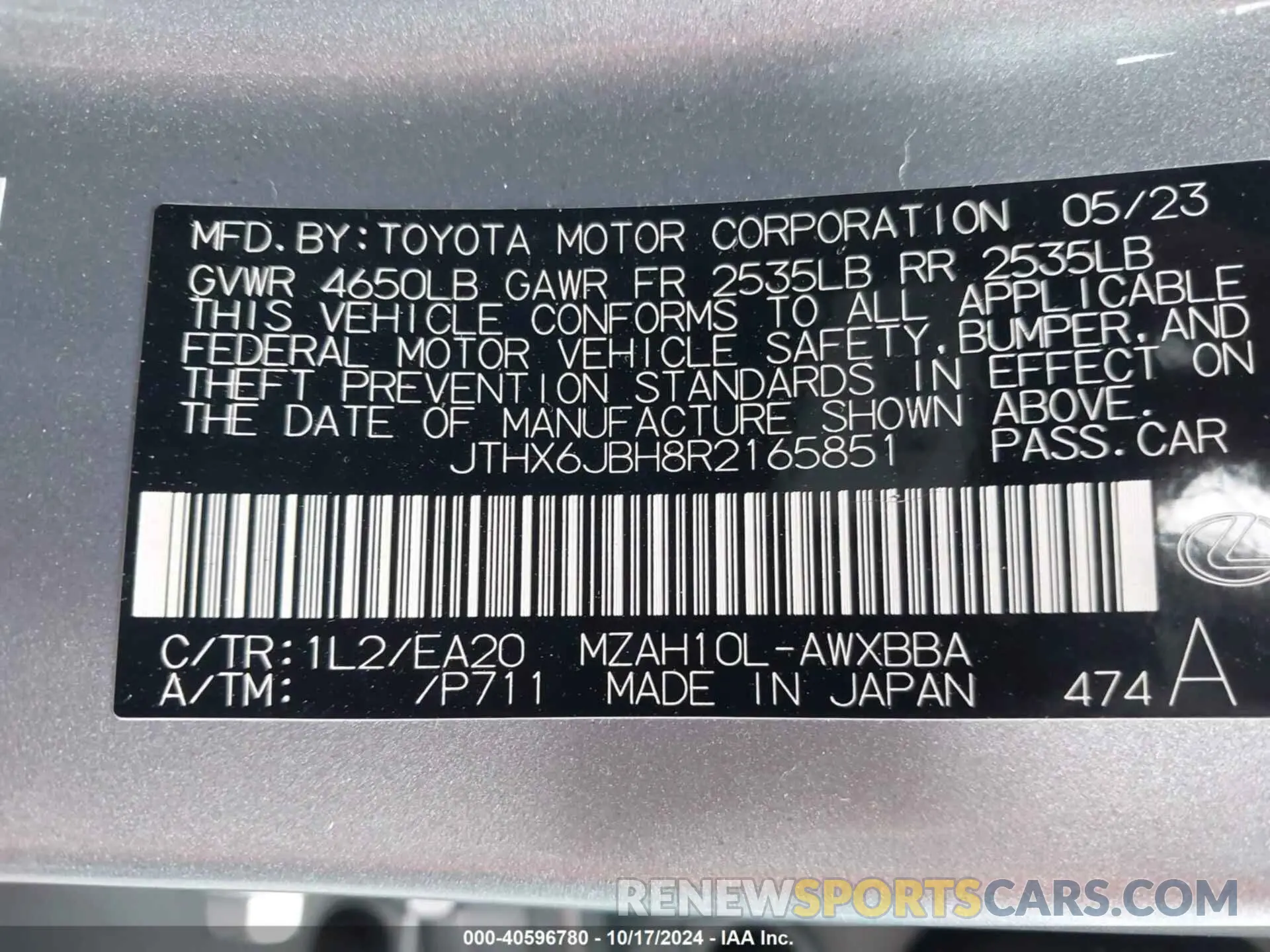 9 fotografías del automóvil dañado JTHX6JBH8R2165851 LEXUS UX 250H 2024