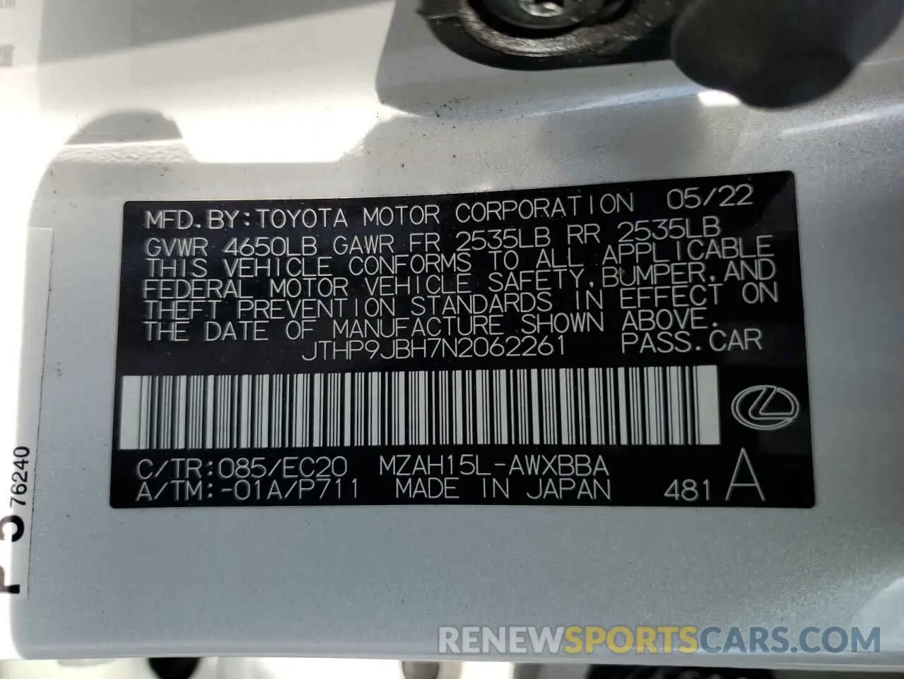 12 fotografías del automóvil dañado JTHP9JBH7N2062261 LEXUS UX 250H BA 2022