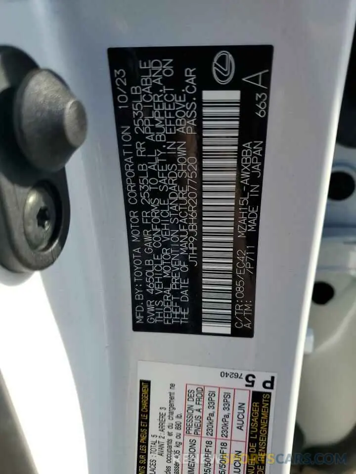 12 fotografías del automóvil dañado JTHP9JBH6R2077520 LEXUS UX 250H PR 2024