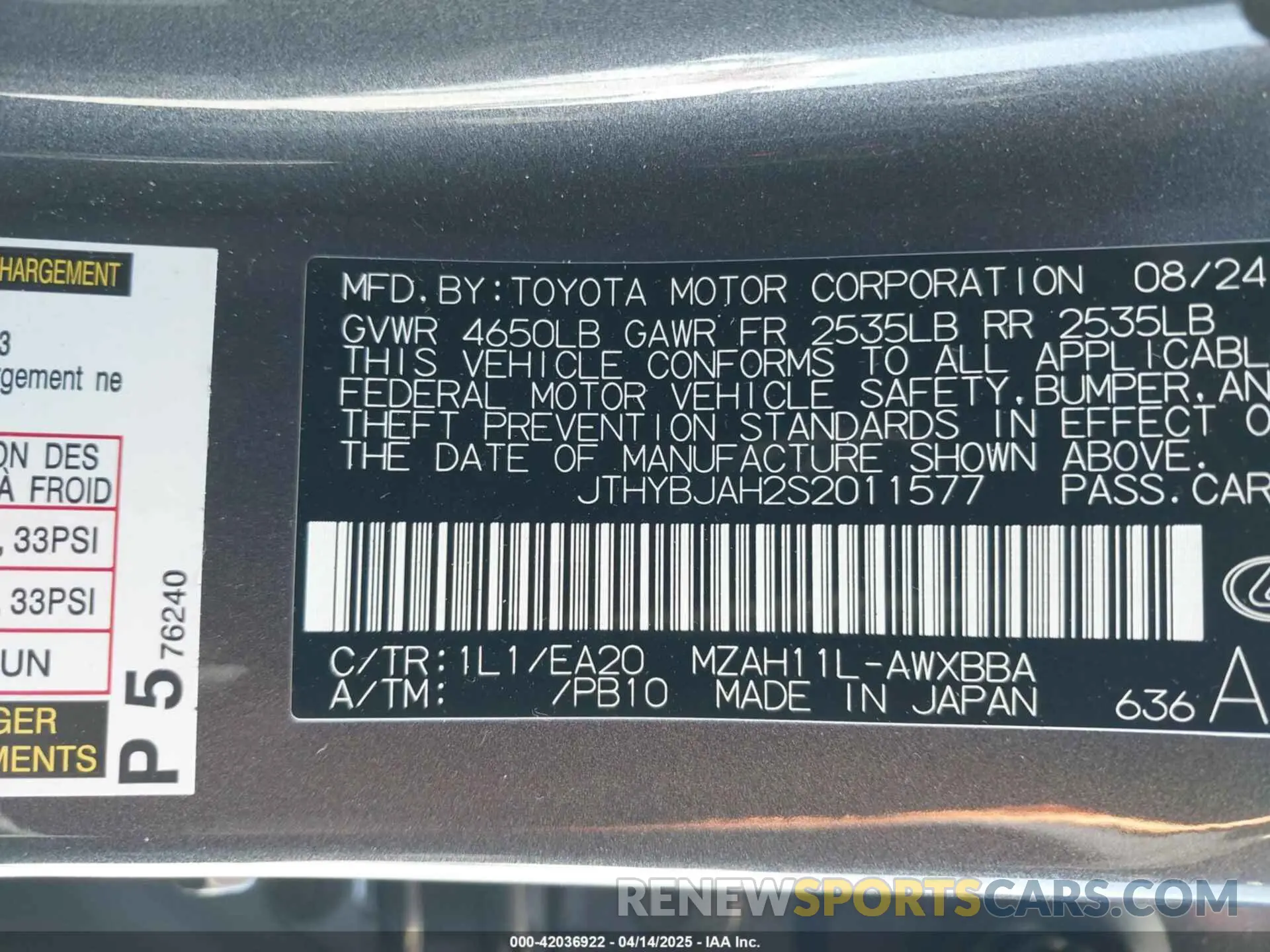 9 fotografías del automóvil dañado JTHYBJAH2S2011577 LEXUS UX 300H 2025