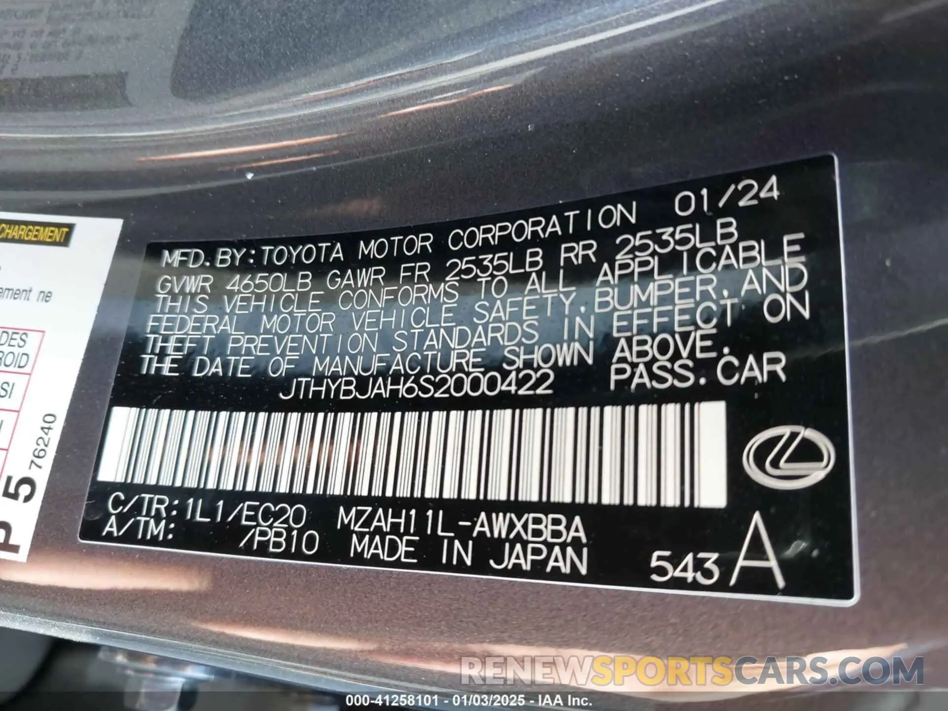 9 fotografías del automóvil dañado JTHYBJAH6S2000422 LEXUS UX 300H 2025