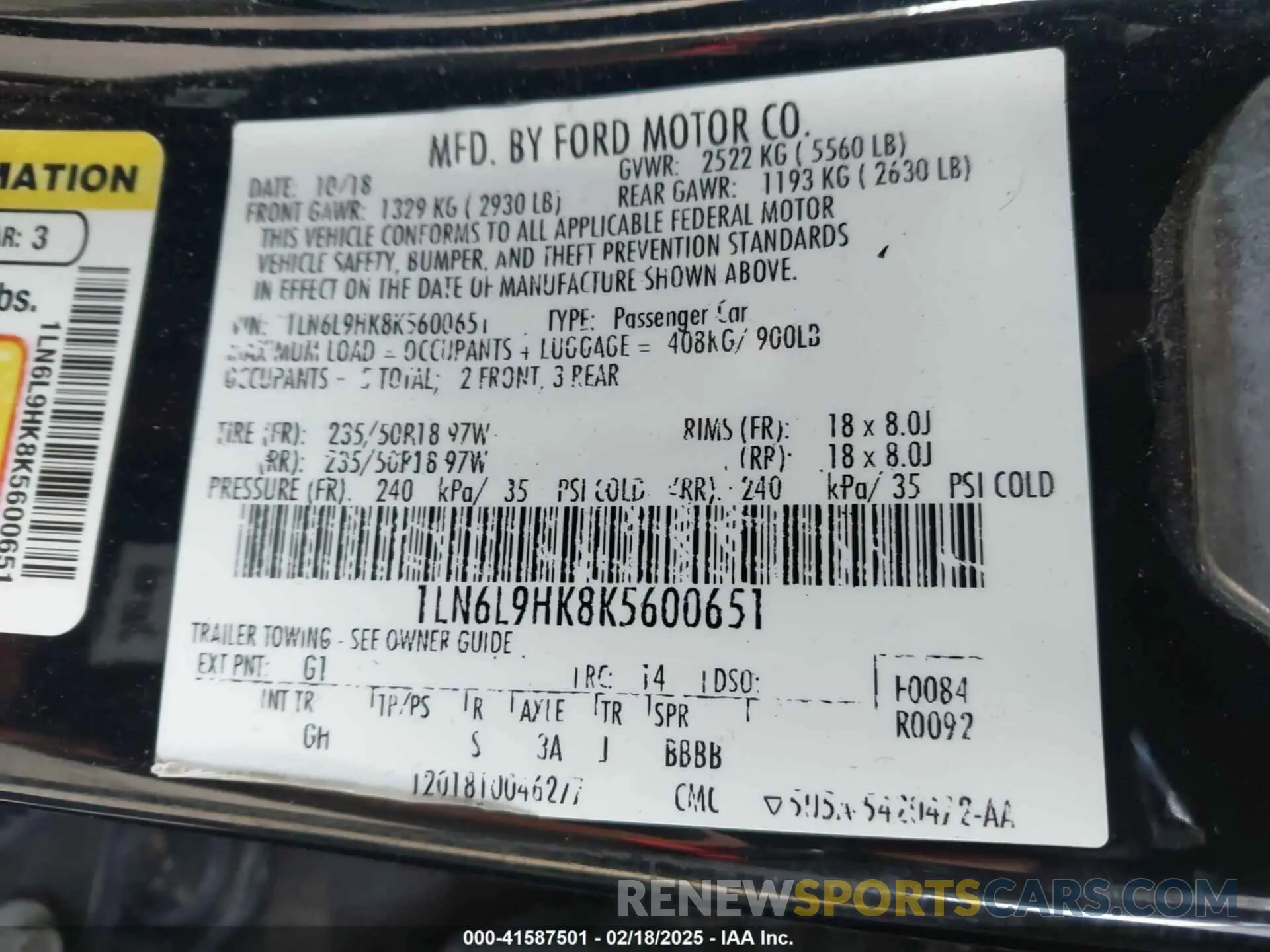 9 fotografías del automóvil dañado 1LN6L9HK8K5600651 LINCOLN CONTINENTAL 2019
