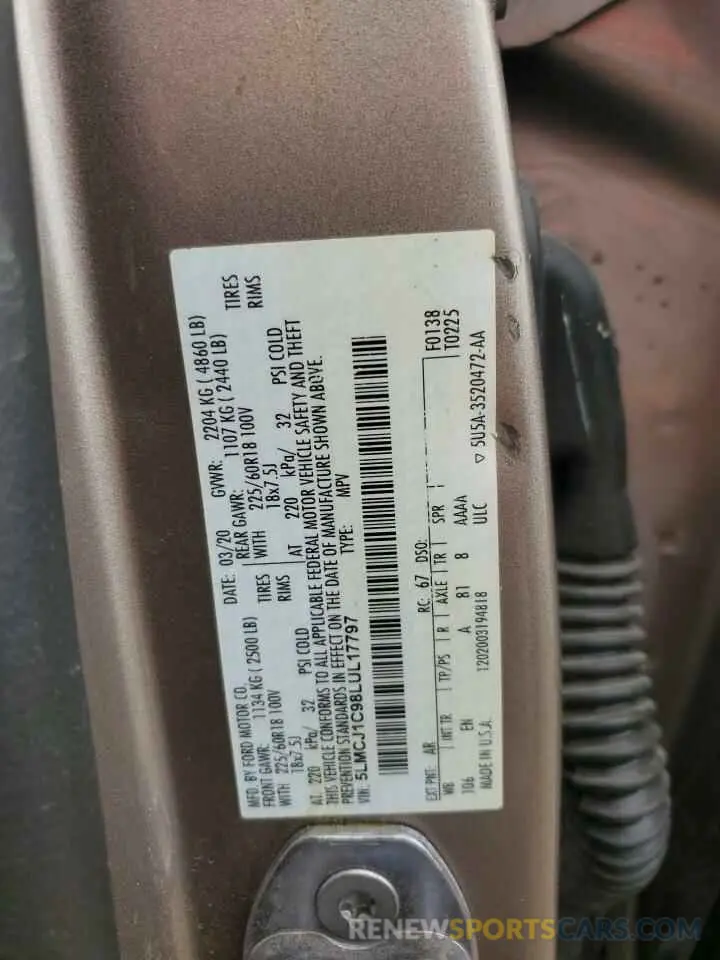 15 fotografías del automóvil dañado 5LMCJ1C98LUL17797 LINCOLN CORSAIR 2020