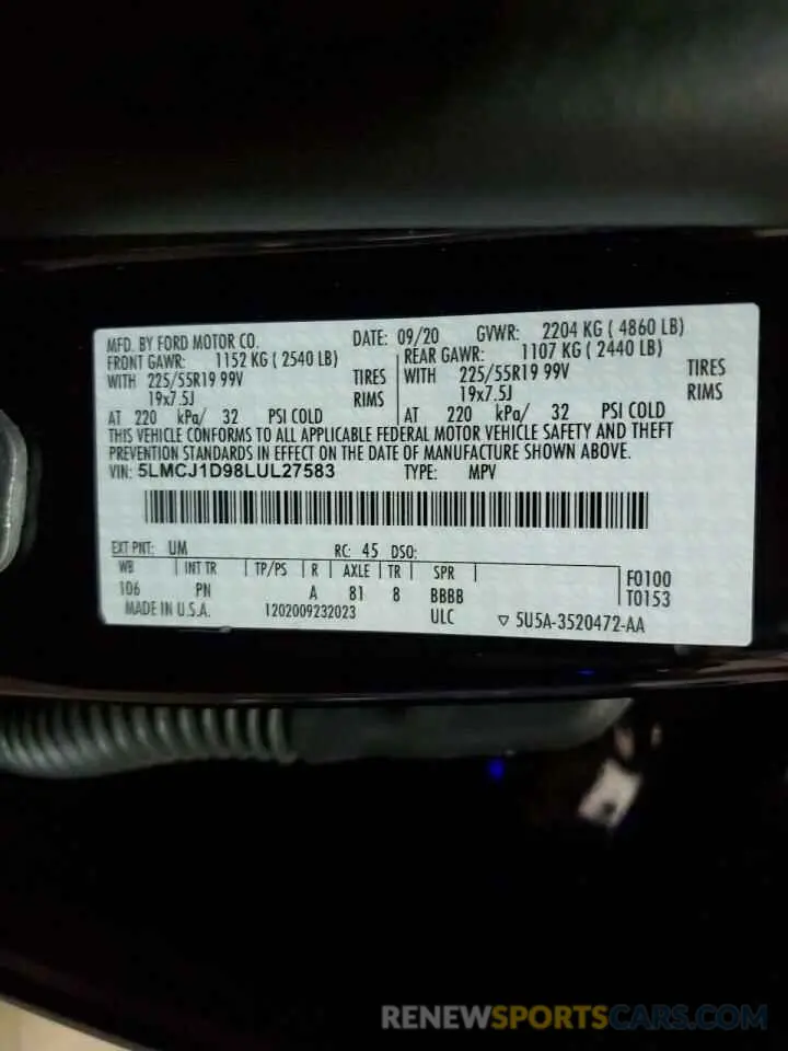 13 fotografías del automóvil dañado 5LMCJ1D98LUL27583 LINCOLN CORSAIR 2020