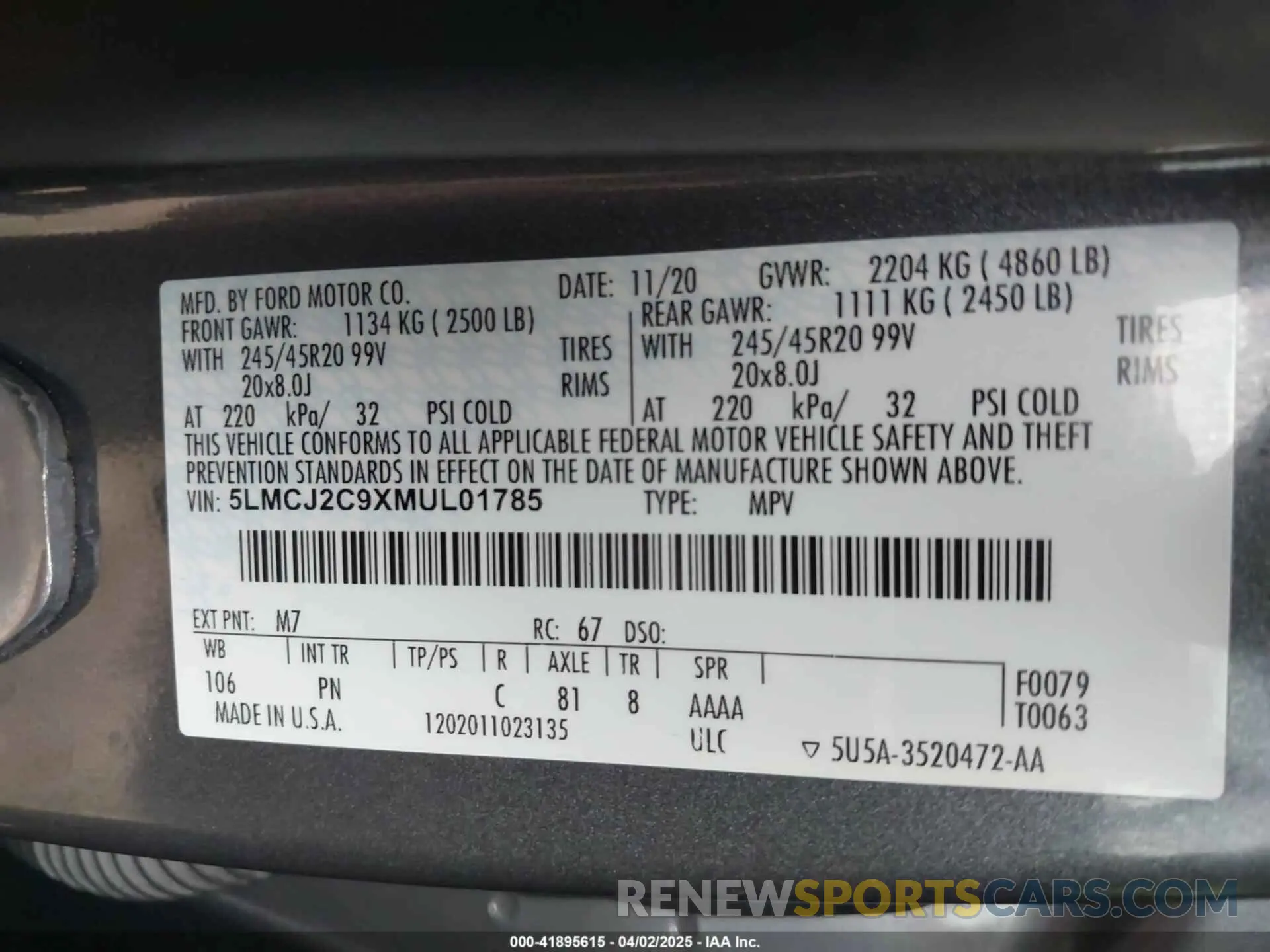9 fotografías del automóvil dañado 5LMCJ2C9XMUL01785 LINCOLN CORSAIR 2021