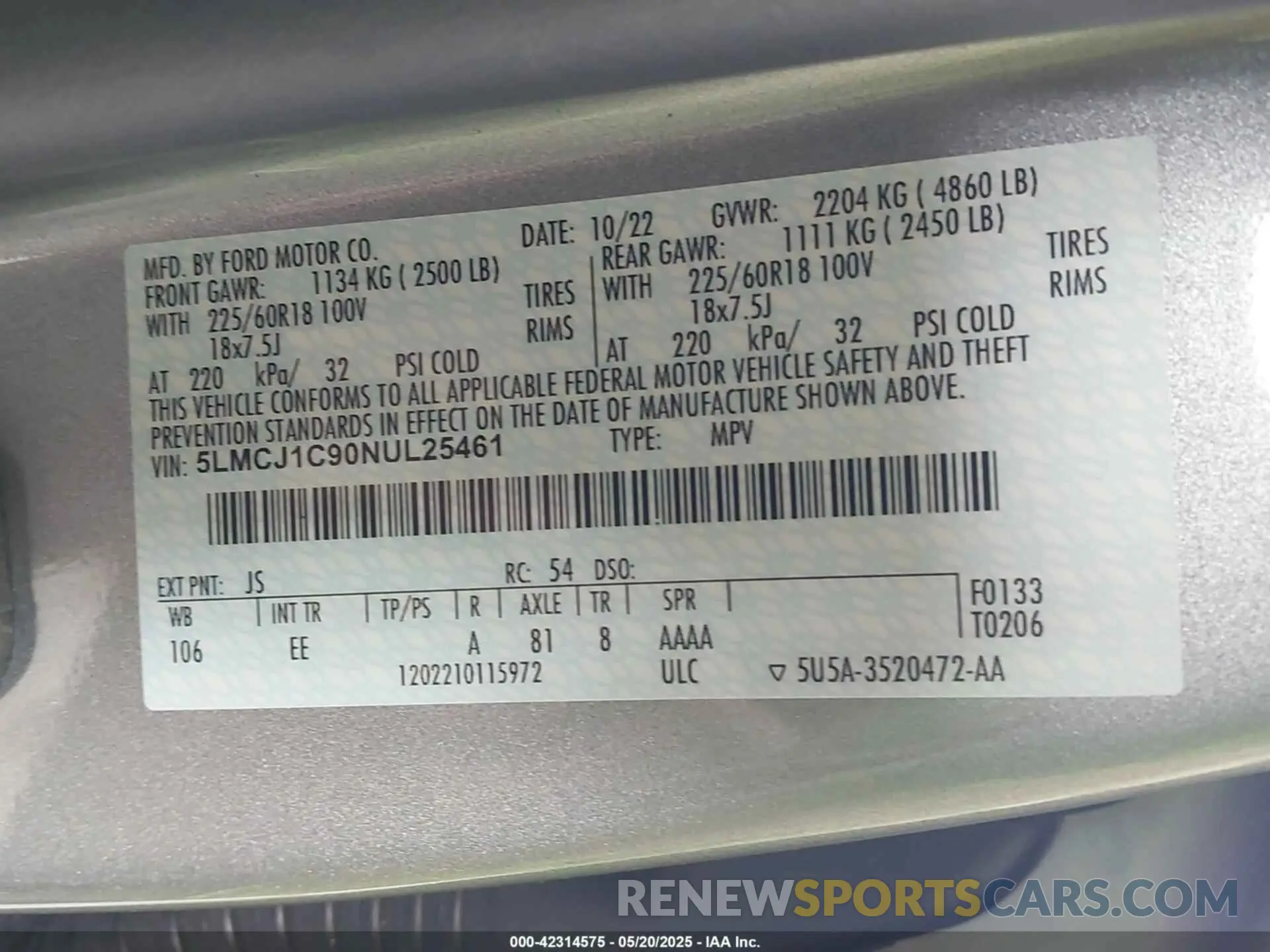 9 fotografías del automóvil dañado 5LMCJ1C90NUL25461 LINCOLN CORSAIR 2022