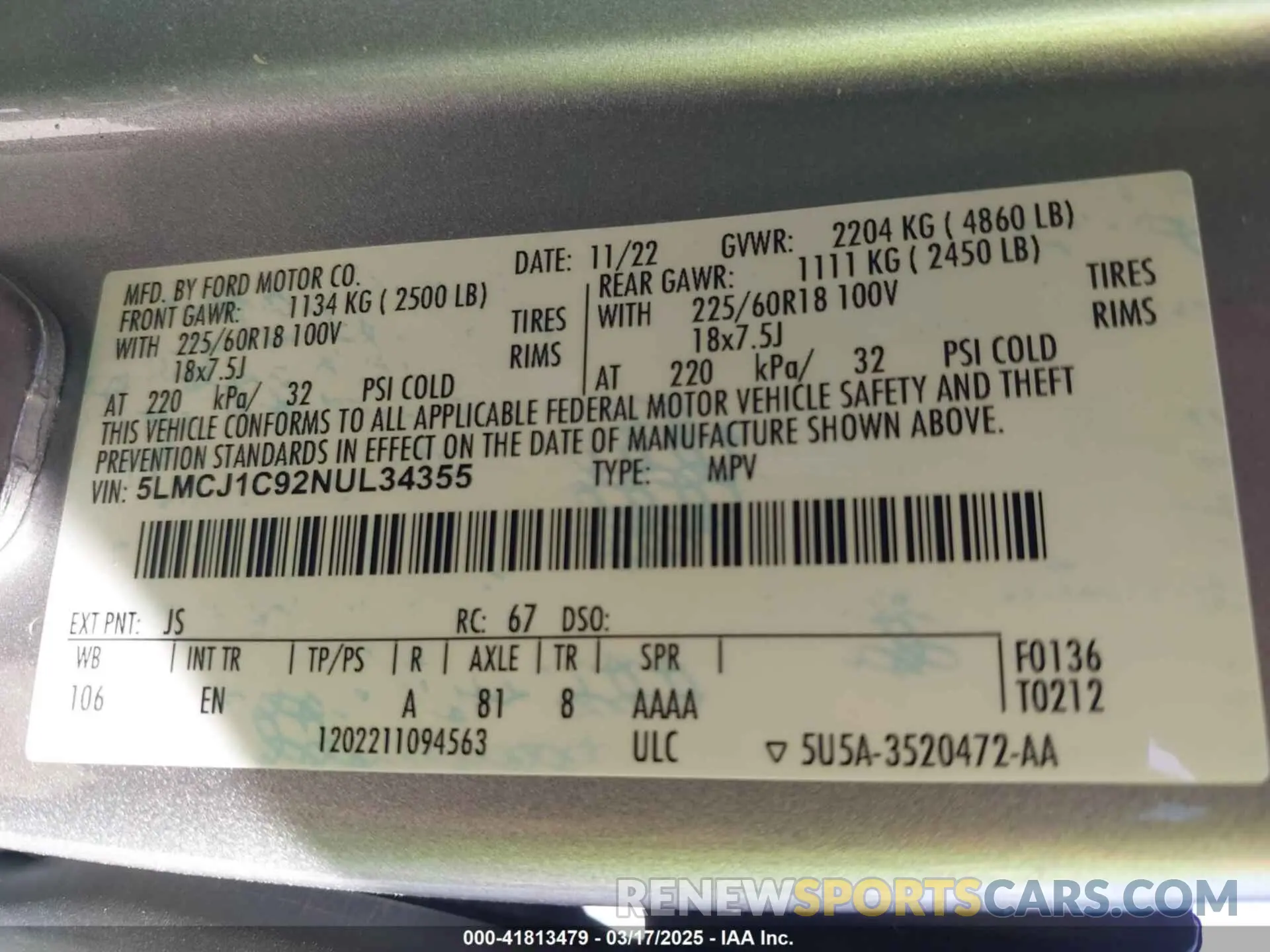 9 fotografías del automóvil dañado 5LMCJ1C92NUL34355 LINCOLN CORSAIR 2022