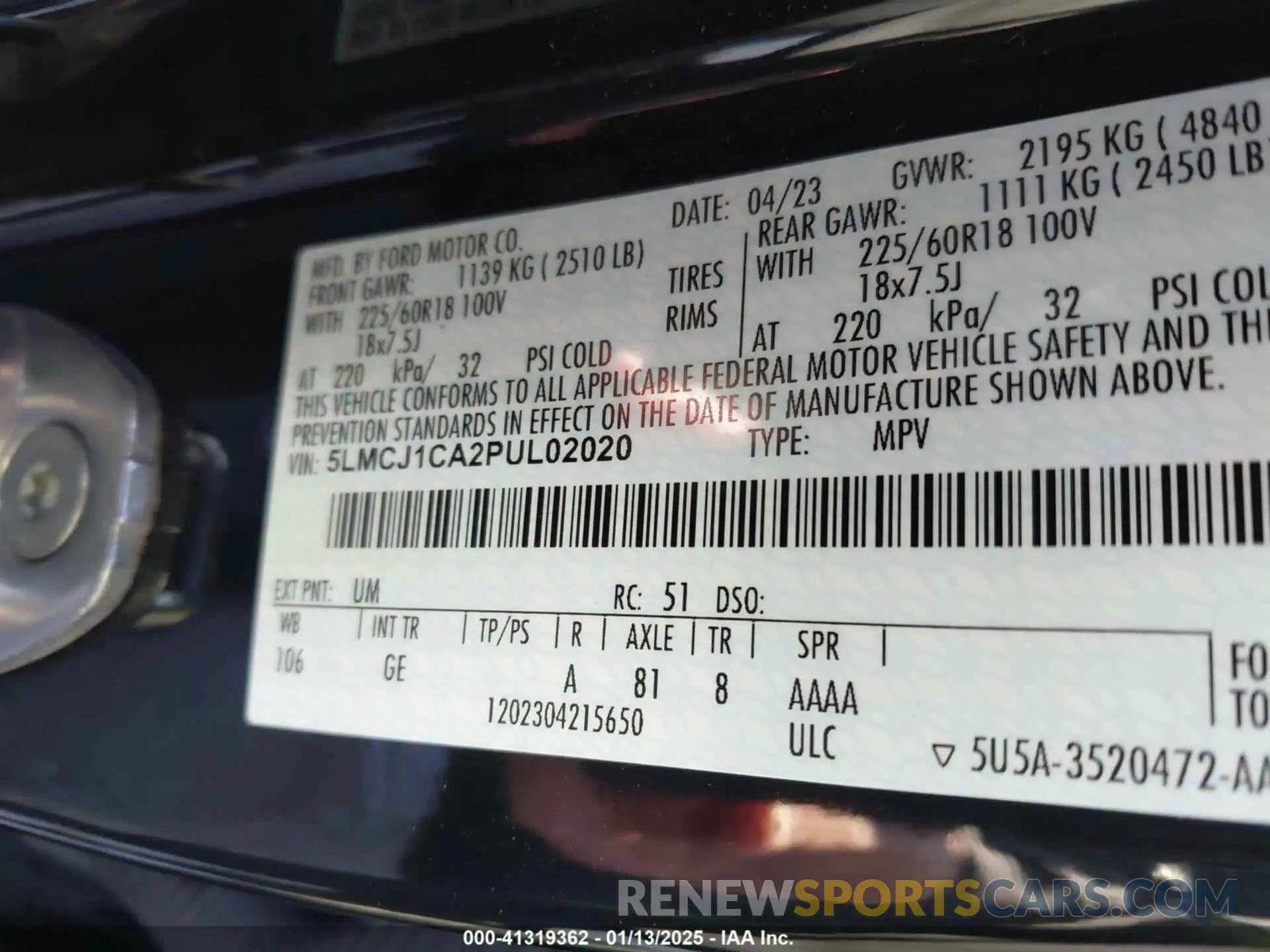 9 fotografías del automóvil dañado 5LMCJ1CA2PUL02020 LINCOLN CORSAIR 2023