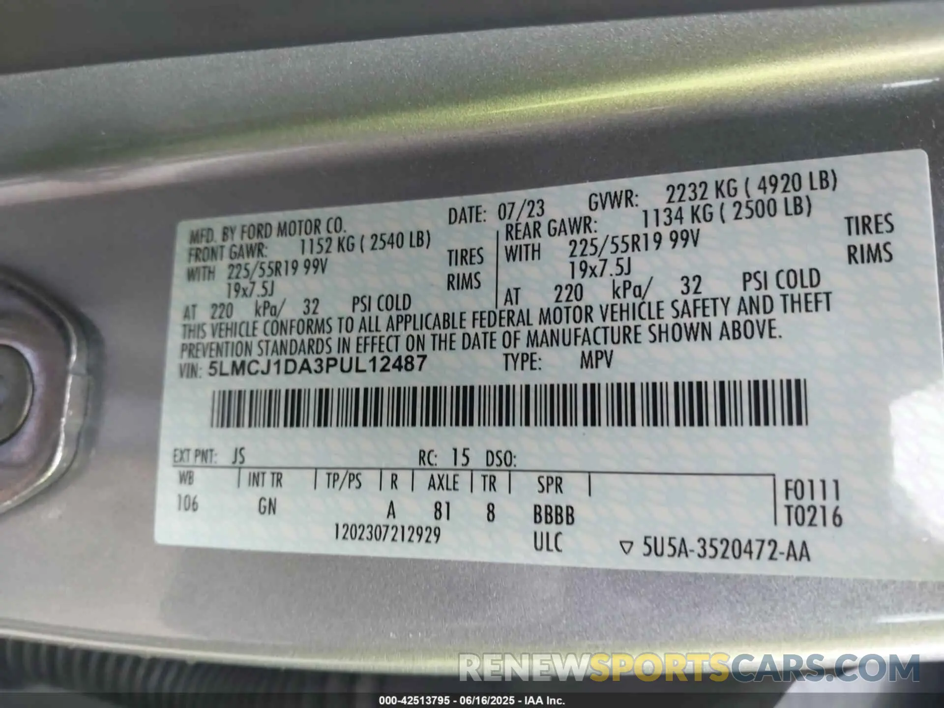 9 fotografías del automóvil dañado 5LMCJ1DA3PUL12487 LINCOLN CORSAIR 2023