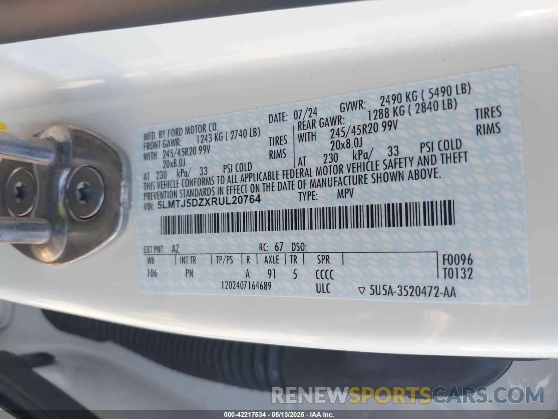 9 fotografías del automóvil dañado 5LMTJ5DZXRUL20764 LINCOLN CORSAIR 2024