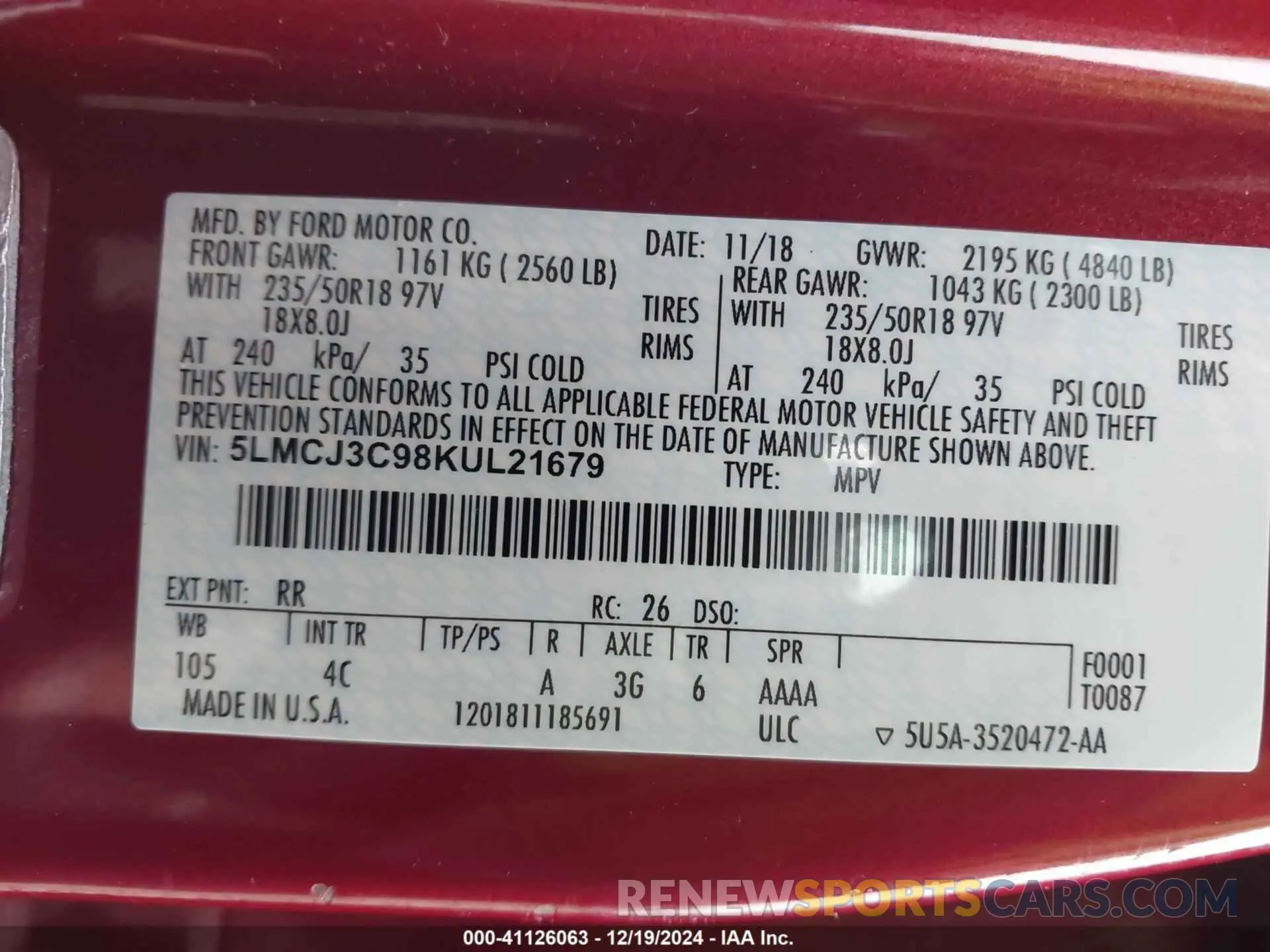 9 fotografías del automóvil dañado 5LMCJ3C98KUL21679 LINCOLN MKC 2019