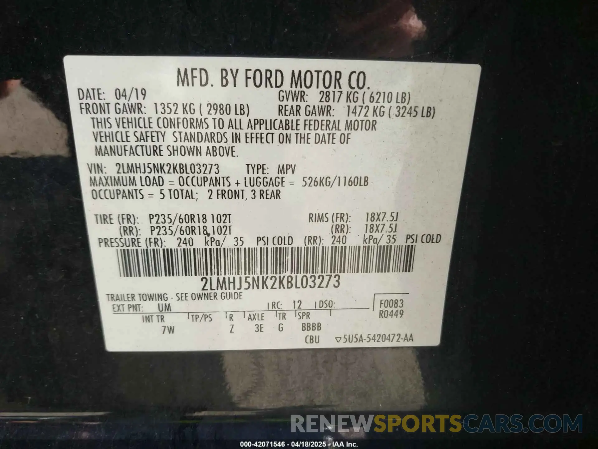 9 fotografías del automóvil dañado 2LMHJ5NK2KBL03273 LINCOLN MKT 2019
