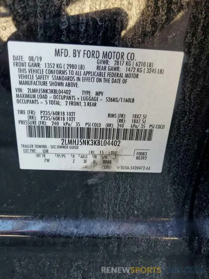 13 fotografías del automóvil dañado 2LMHJ5NK3KBL04402 LINCOLN MKT 2019