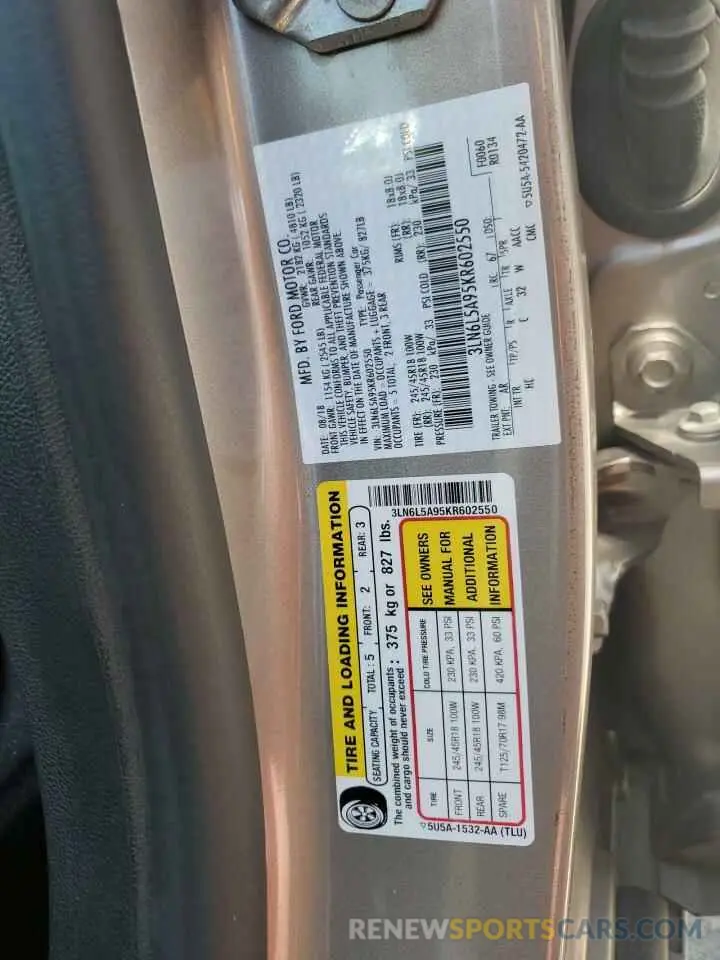 12 fotografías del automóvil dañado 3LN6L5A95KR602550 LINCOLN MKZ 2019