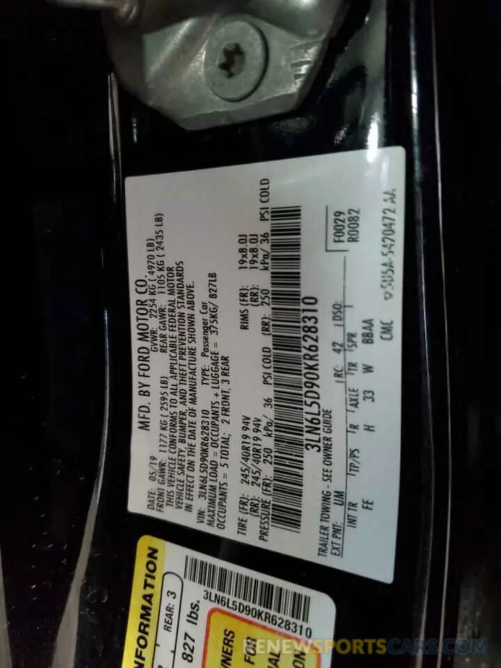 14 fotografías del automóvil dañado 3LN6L5D90KR628310 LINCOLN MKZ 2019