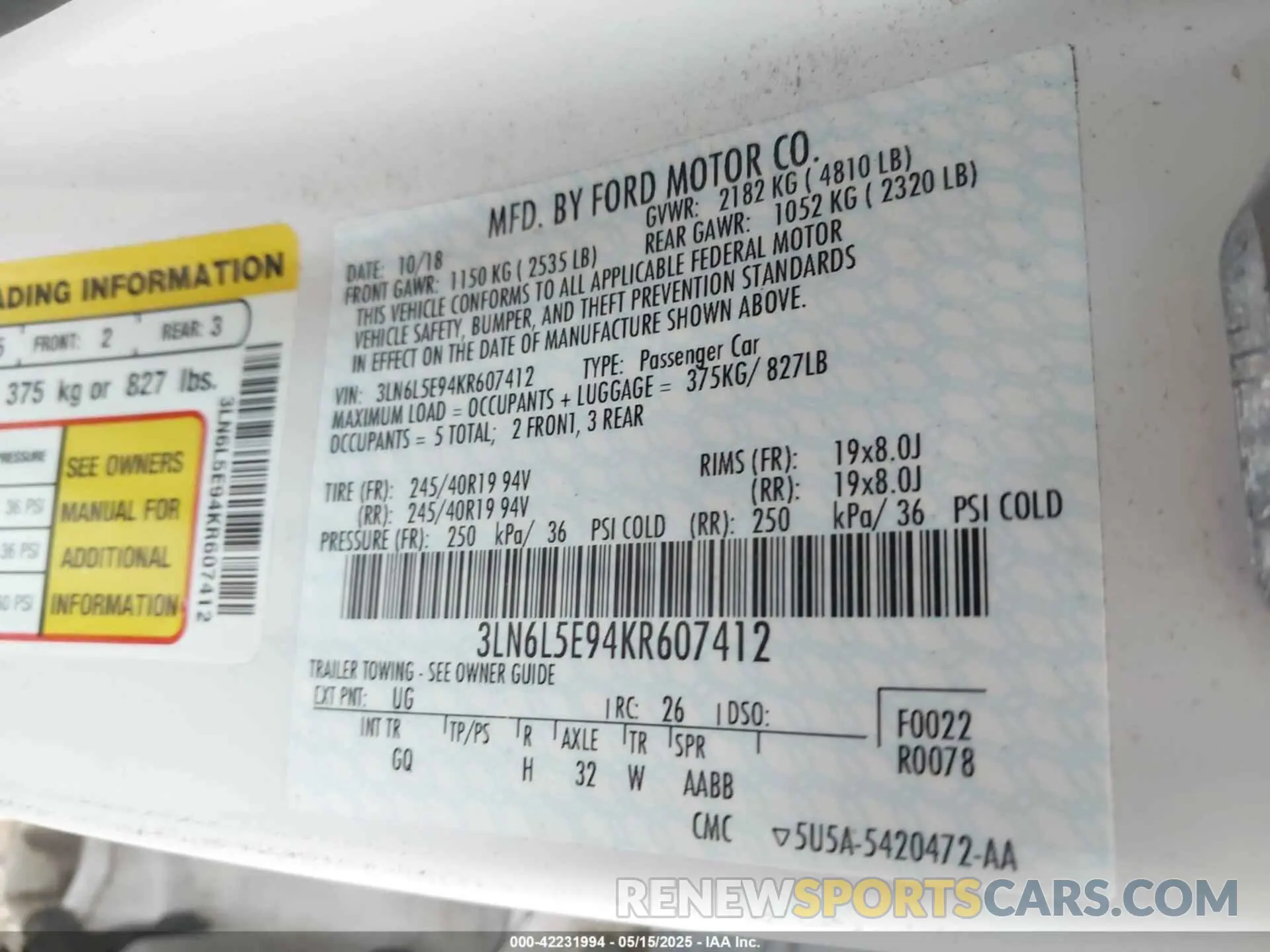 9 fotografías del automóvil dañado 3LN6L5E94KR607412 LINCOLN MKZ 2019