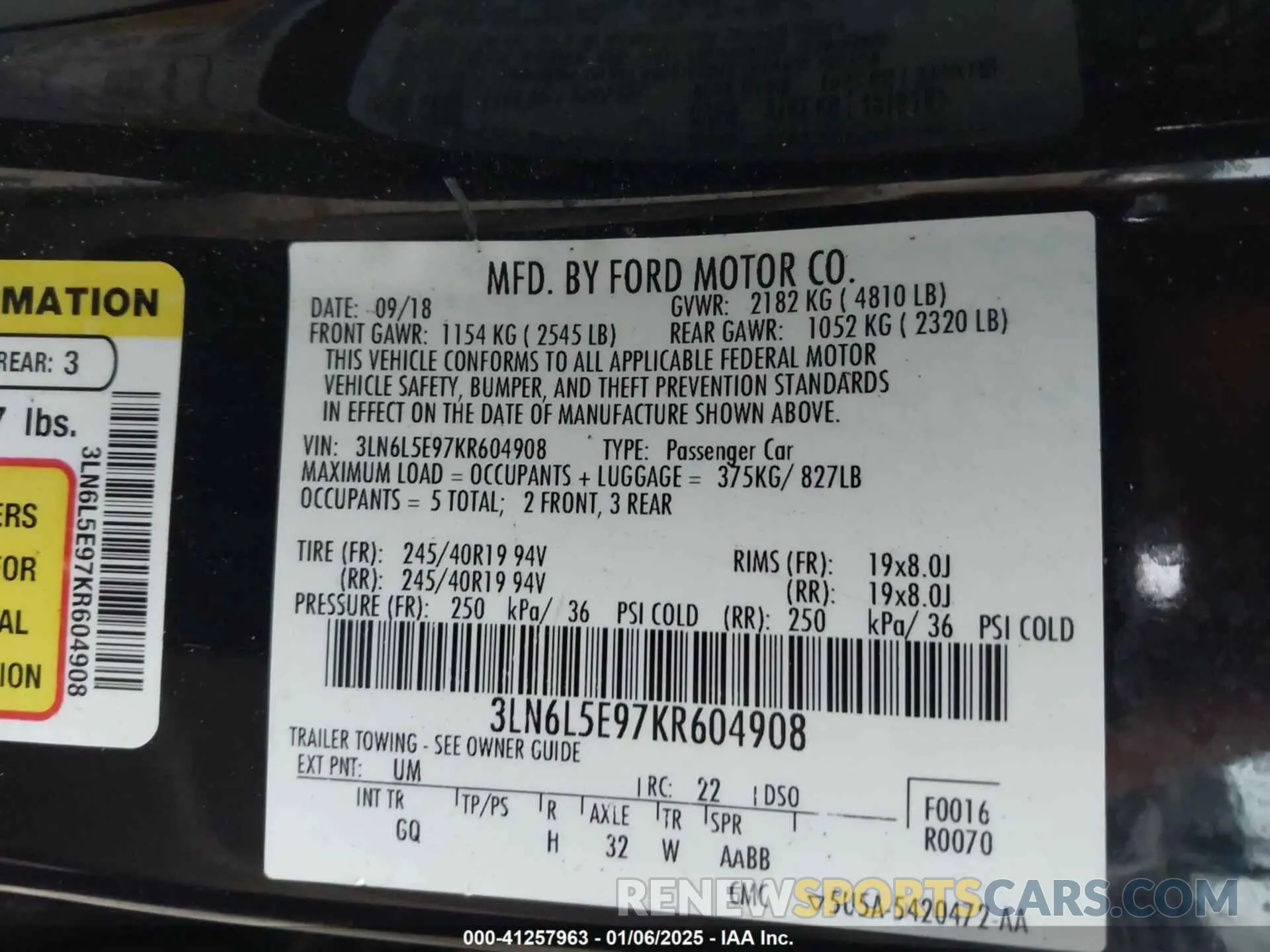 9 fotografías del automóvil dañado 3LN6L5E97KR604908 LINCOLN MKZ 2019