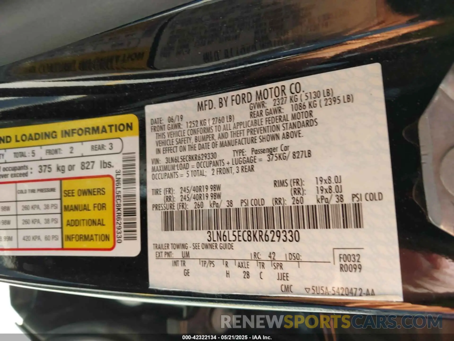 9 fotografías del automóvil dañado 3LN6L5EC8KR629330 LINCOLN MKZ 2019