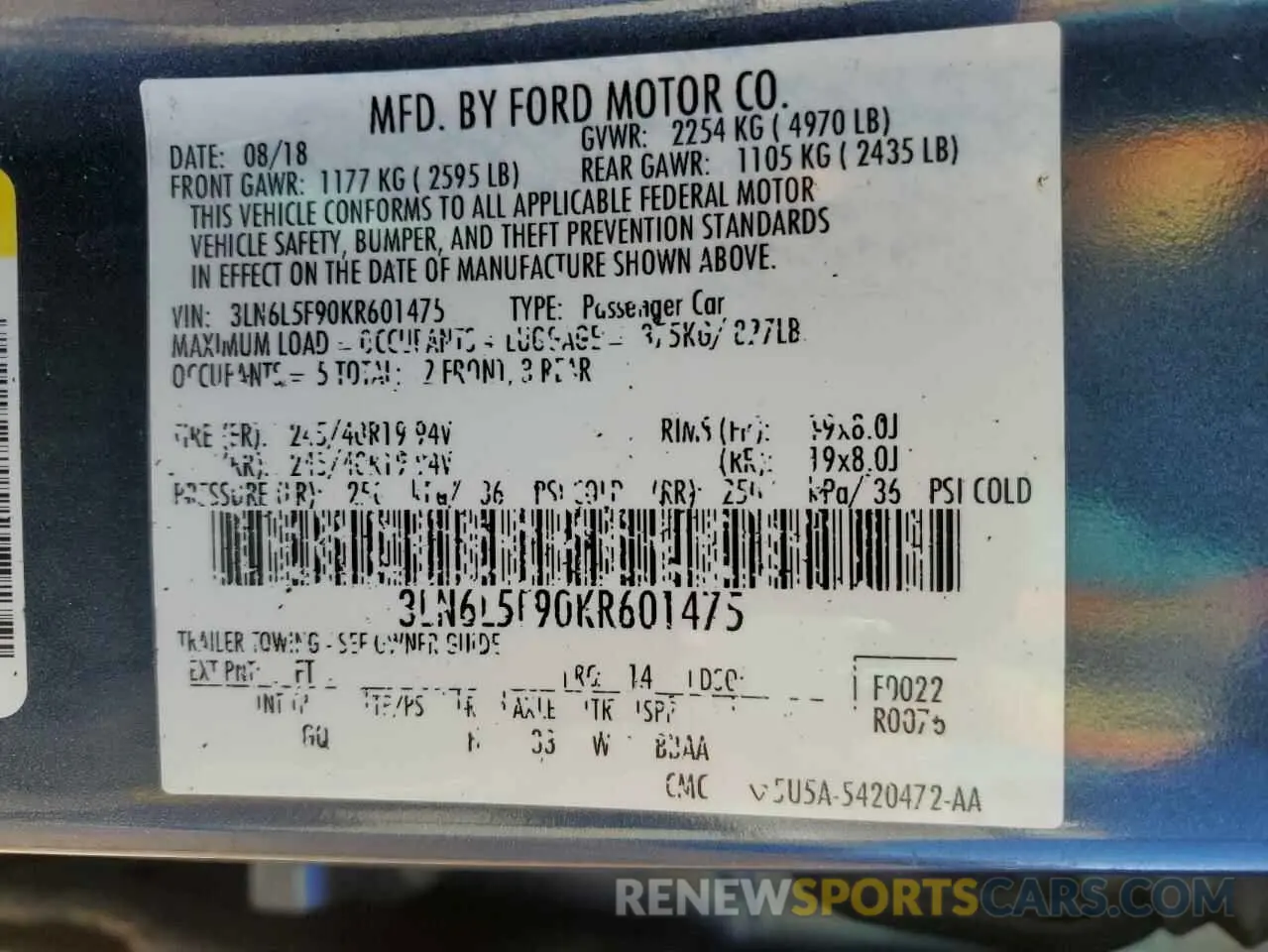12 fotografías del automóvil dañado 3LN6L5F90KR601475 LINCOLN MKZ 2019