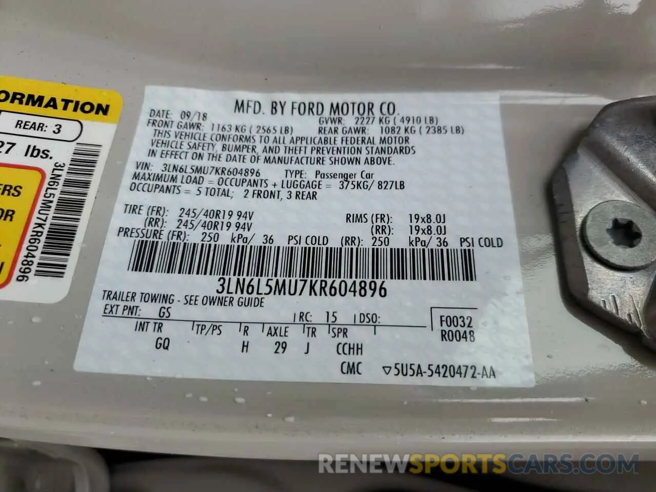 12 fotografías del automóvil dañado 3LN6L5MU7KR604896 LINCOLN MKZ 2019