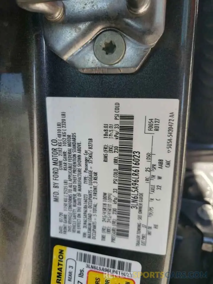 12 fotografías del automóvil dañado 3LN6L5A96LR616023 LINCOLN MKZ 2020