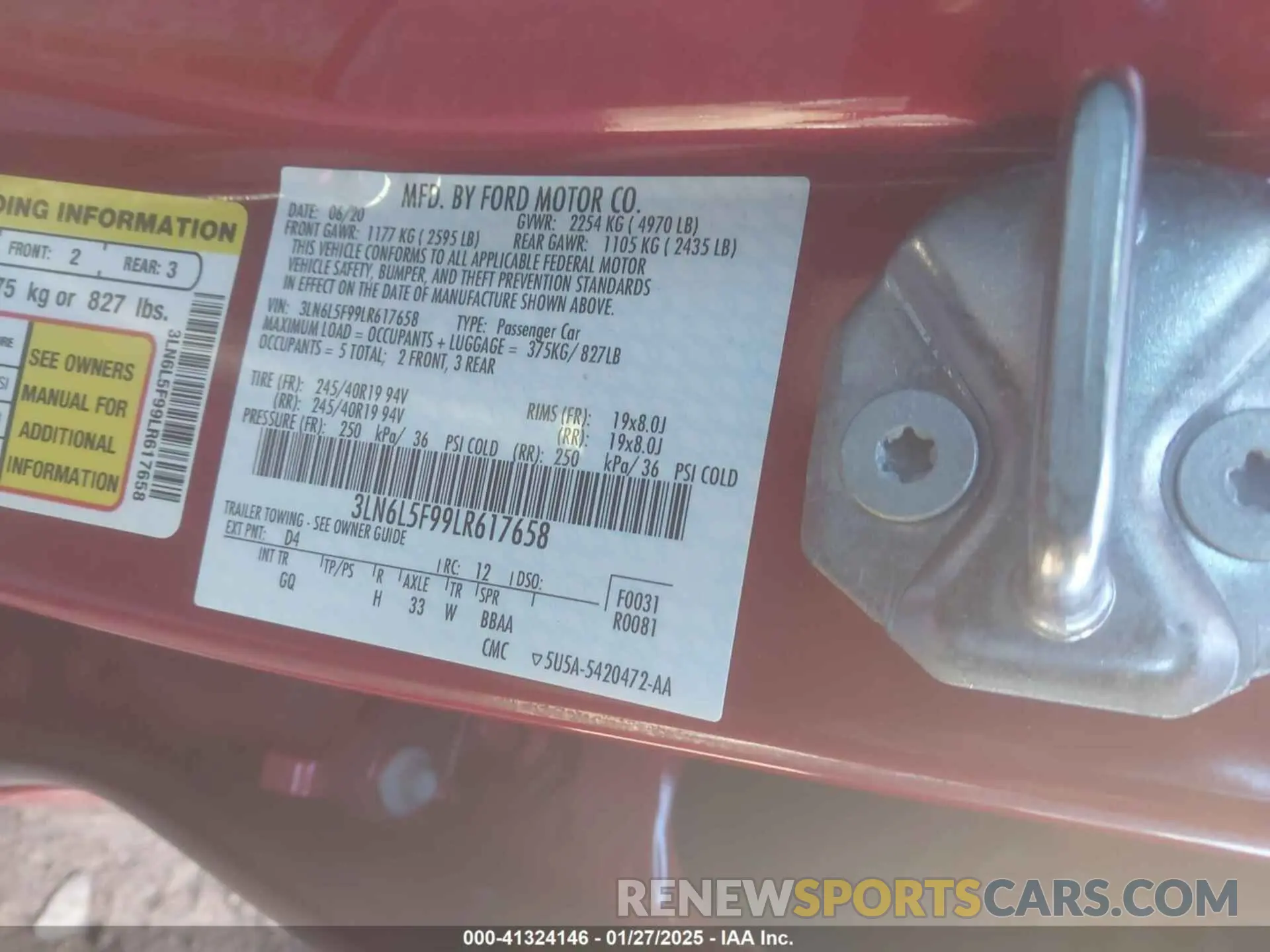 9 fotografías del automóvil dañado 3LN6L5F99LR617658 LINCOLN MKZ 2020