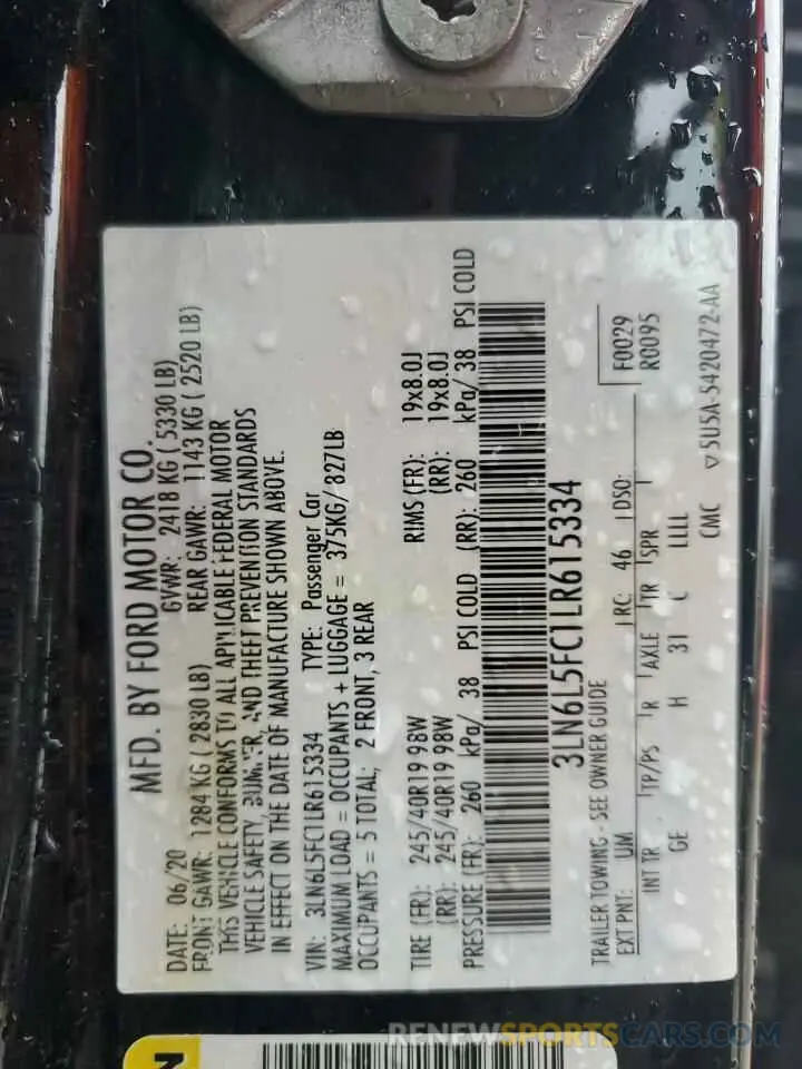 12 fotografías del automóvil dañado 3LN6L5FC1LR615334 LINCOLN MKZ 2020
