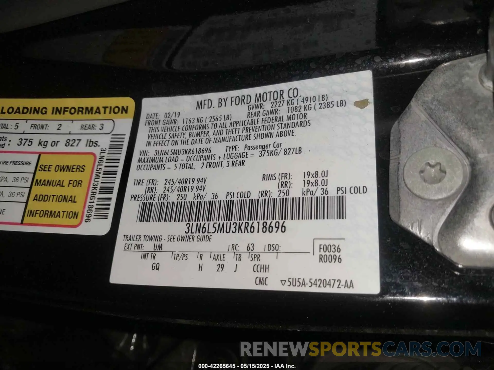 9 fotografías del automóvil dañado 3LN6L5MU3KR618696 LINCOLN MKZ HYBRID 2019