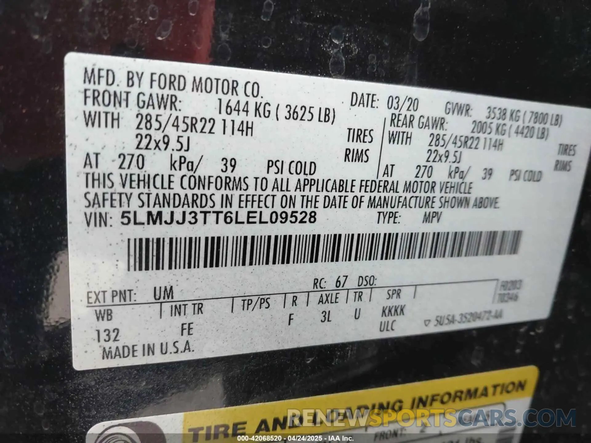 9 fotografías del automóvil dañado 5LMJJ3TT6LEL09528 LINCOLN NAVIGATOR 2020