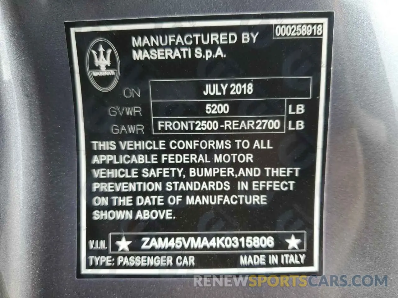 13 fotografías del automóvil dañado ZAM45VMA4K0315806 MASERATI ALL MODELS 2019