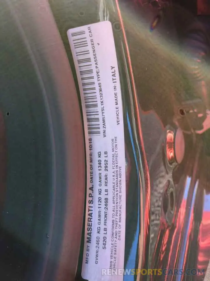 12 fotografías del automóvil dañado ZAM57YSL1K1323649 MASERATI ALL MODELS 2019