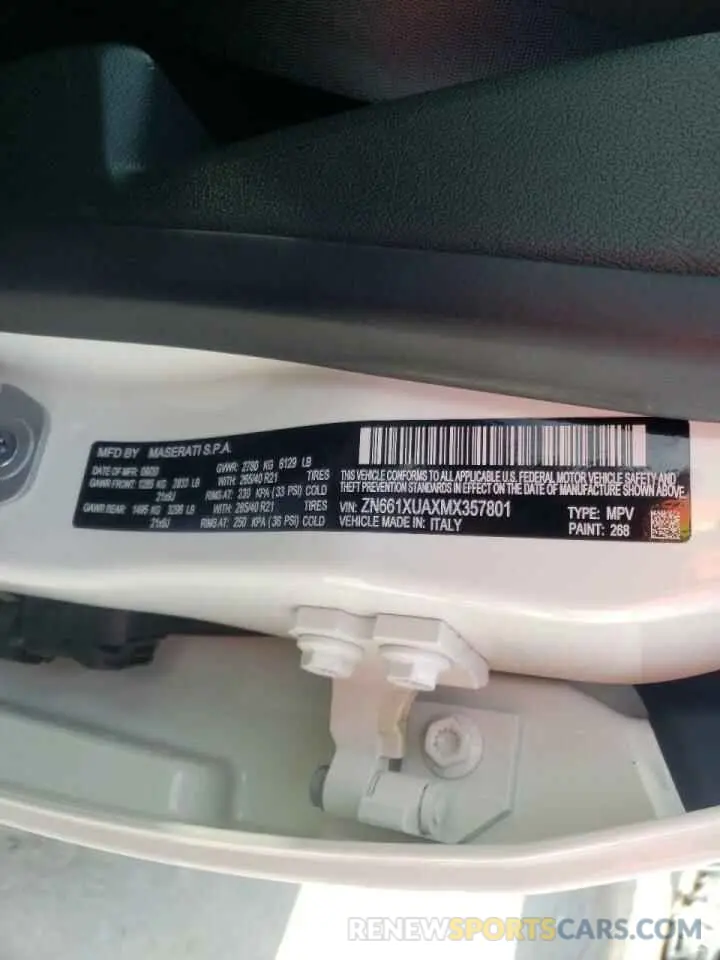 10 fotografías del automóvil dañado ZN661XUAXMX357801 MASERATI ALL MODELS 2021