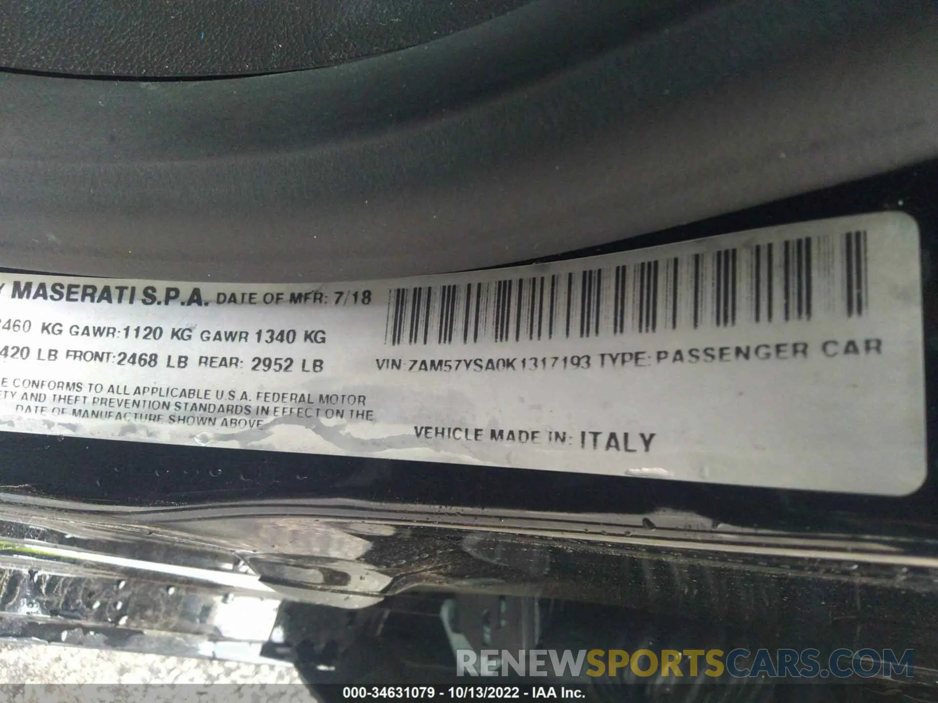 9 fotografías del automóvil dañado ZAM57YSA0K1317193 MASERATI GHIBLI 2019