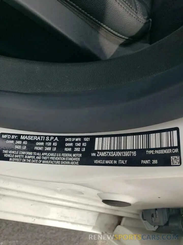 12 fotografías del automóvil dañado ZAM57XSAXN1390716 MASERATI GHIBLI BAS 2022