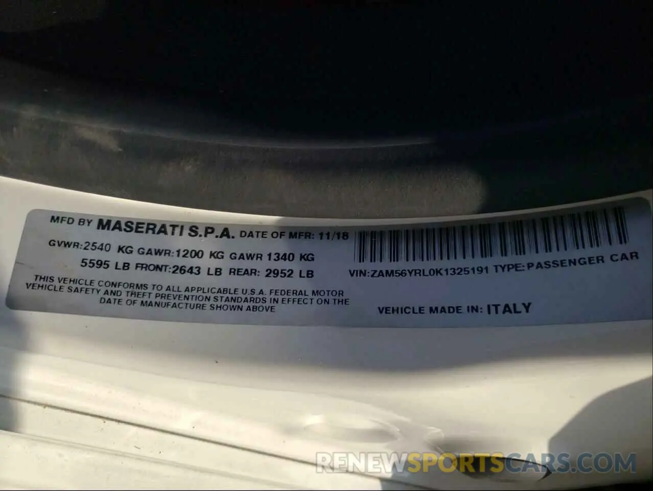 10 fotografías del automóvil dañado ZAM56YRL0K1325191 MASERATI QUATTROPOR 2019
