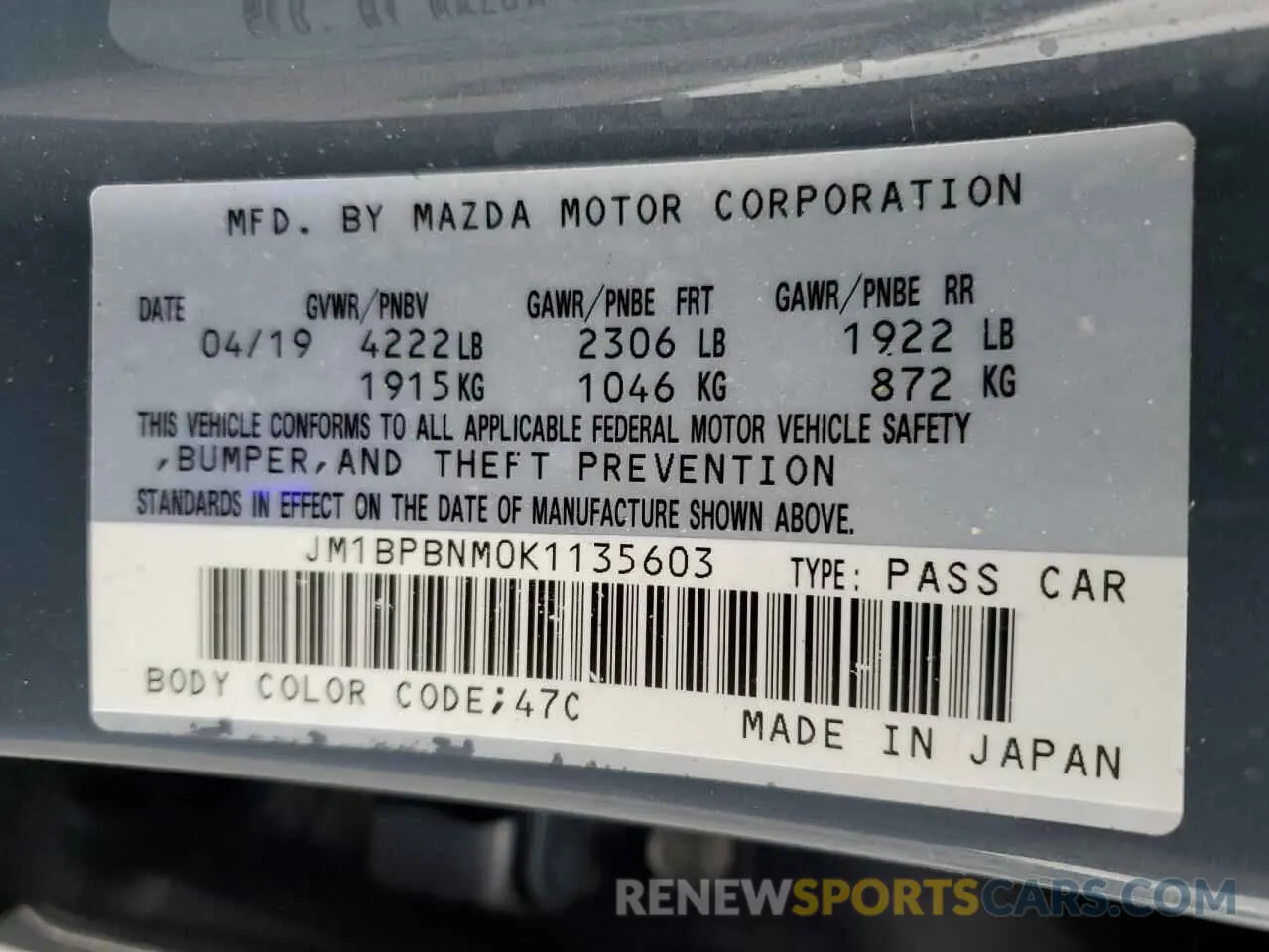 15 fotografías del automóvil dañado JM1BPBNM0K1135603 MAZDA 3 2019