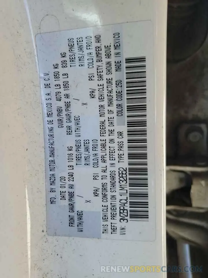 12 fotografías del automóvil dañado 3MZBPACL1LM132652 MAZDA 3 2020