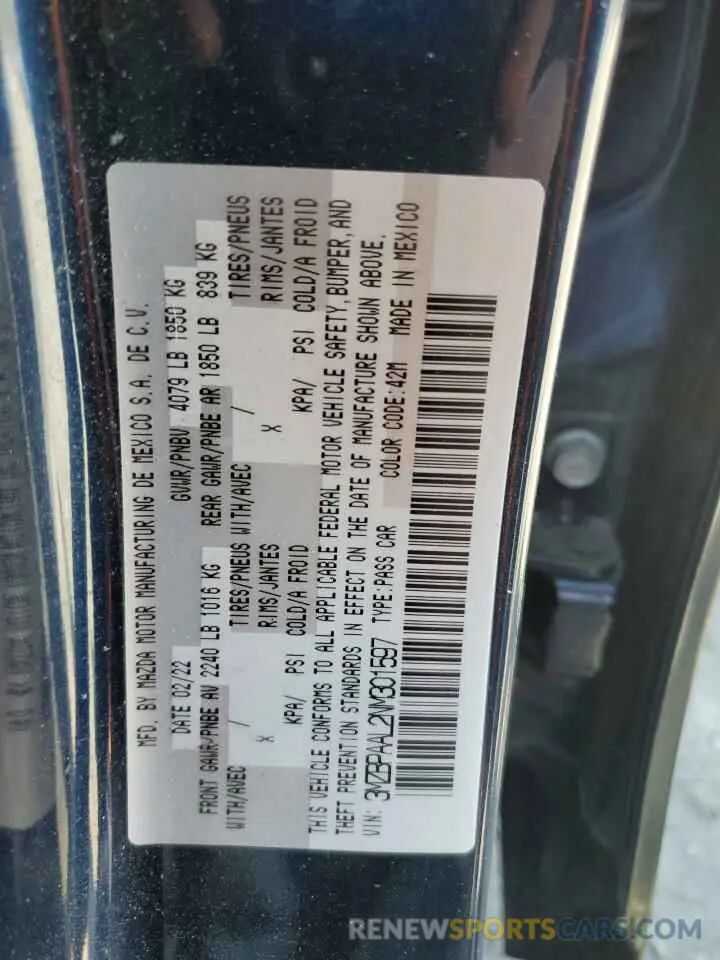 12 fotografías del automóvil dañado 3MZBPAAL2NM301597 MAZDA 3 2022