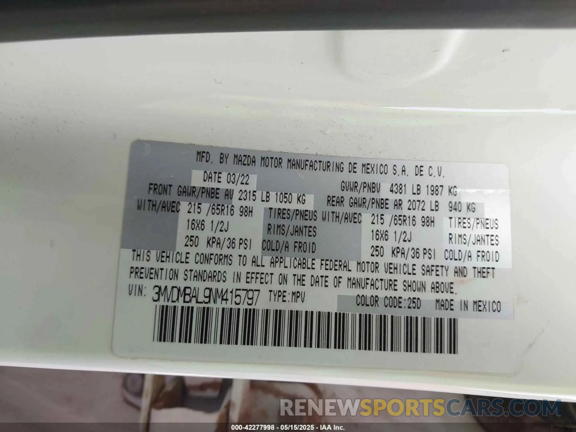 9 fotografías del automóvil dañado 3MVDMBAL9NM415797 MAZDA CX-30 2022