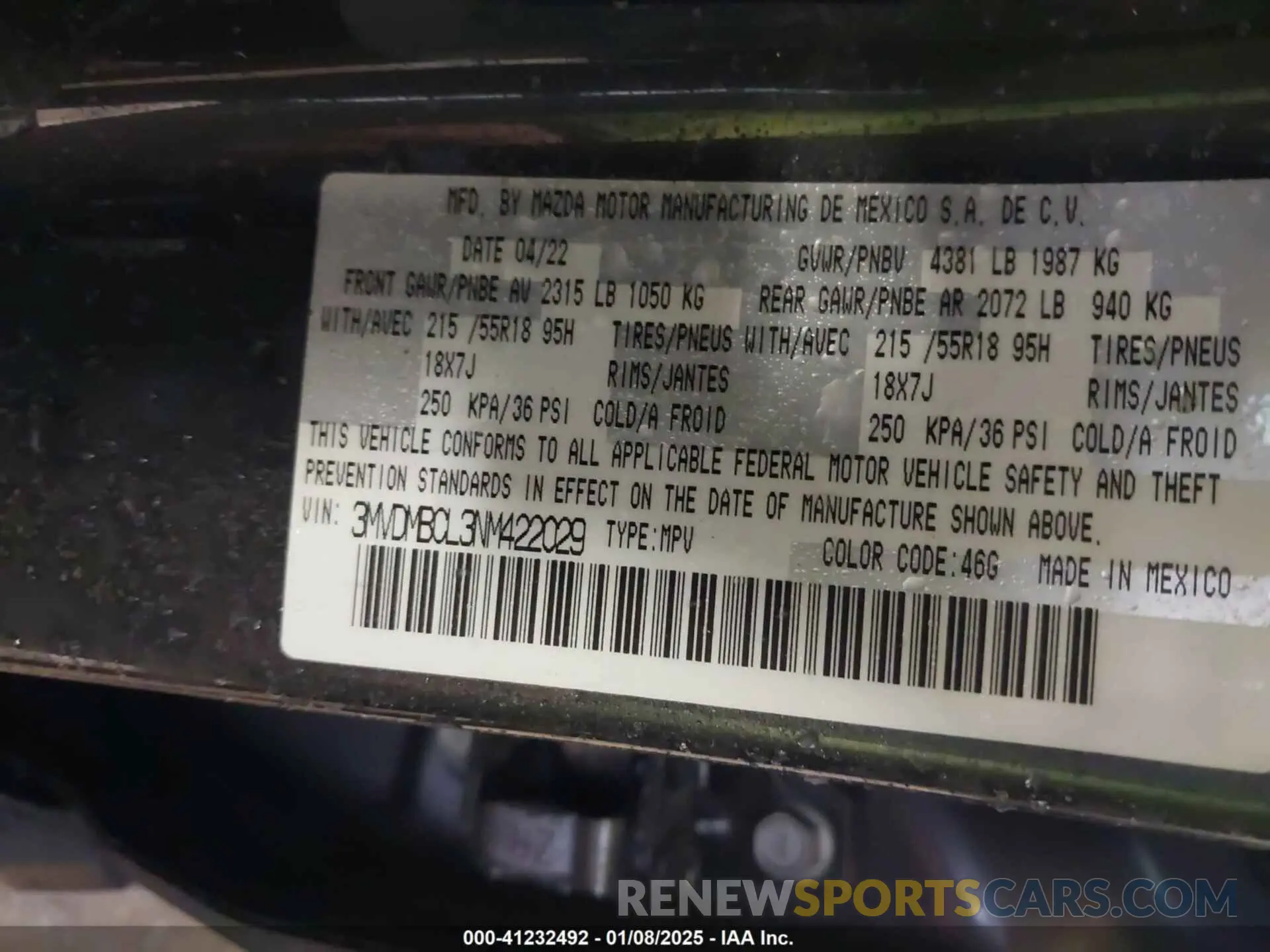 9 fotografías del automóvil dañado 3MVDMBCL3NM422029 MAZDA CX-30 2022